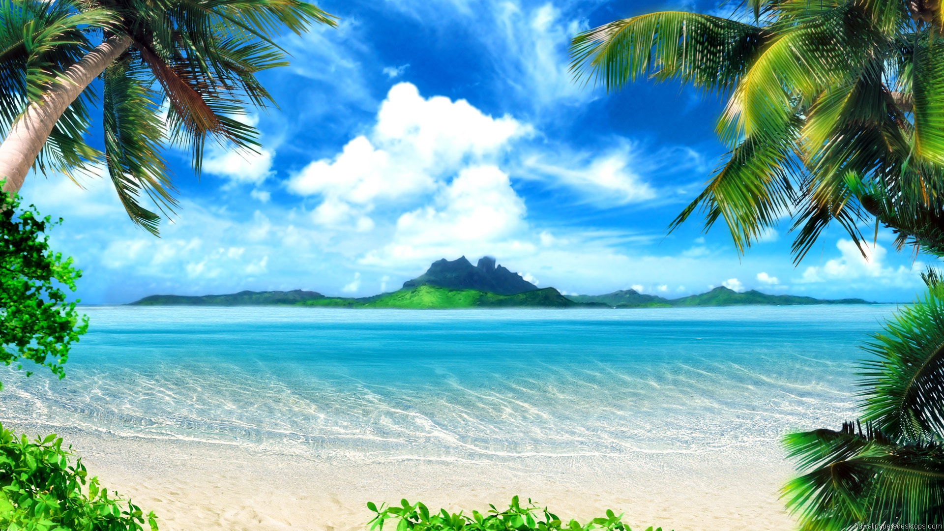 Tropical beach paradise with crystal clear turquoise water and lush green islands