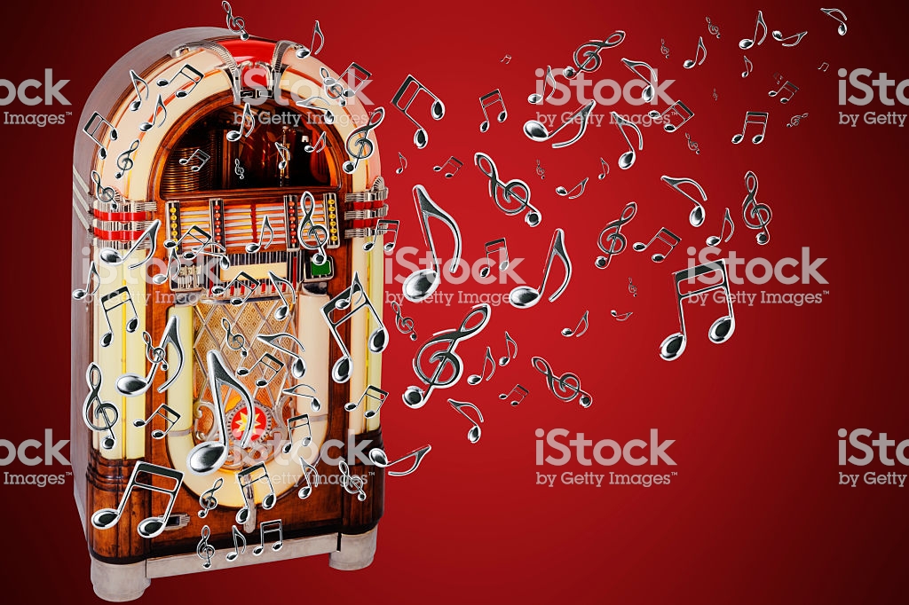 Retro Jukebox With Many Flying Musical Note Against Red Background