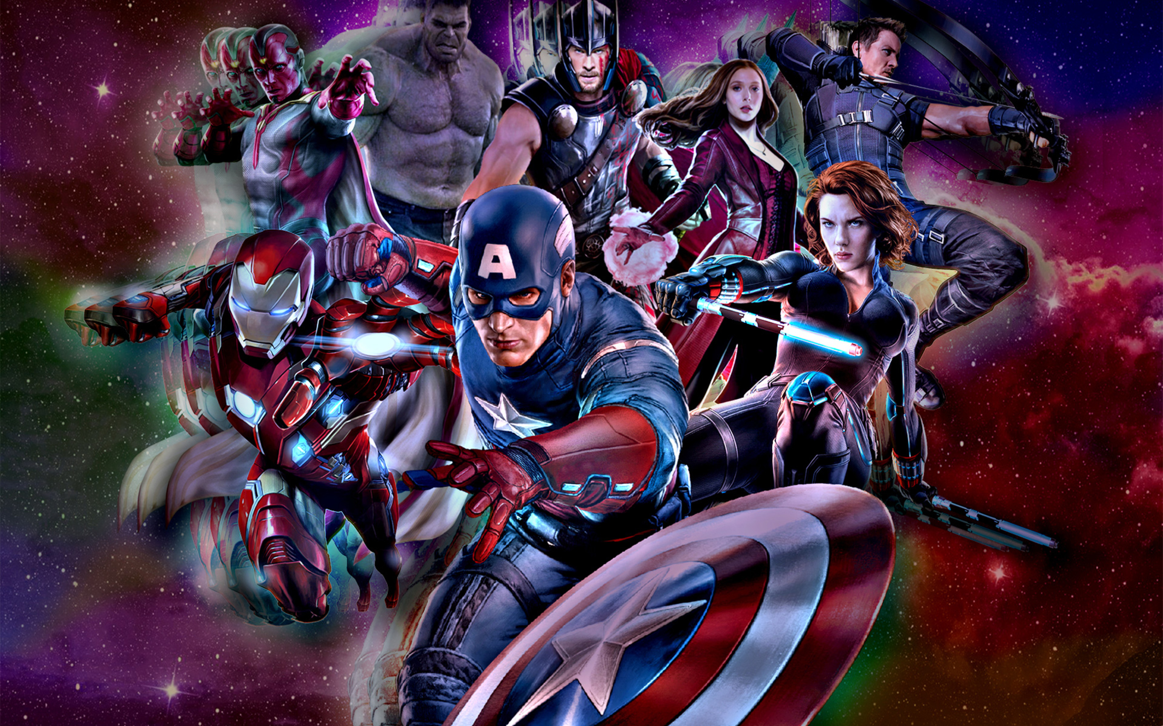 A digital artwork featuring several members of the Avengers in dynamic poses, set against a colorful, cosmic backdrop. From left to right: Vision, Hulk, Thor, Scarlet Witch, Hawkeye, Black Widow, Iron Man, and Captain America