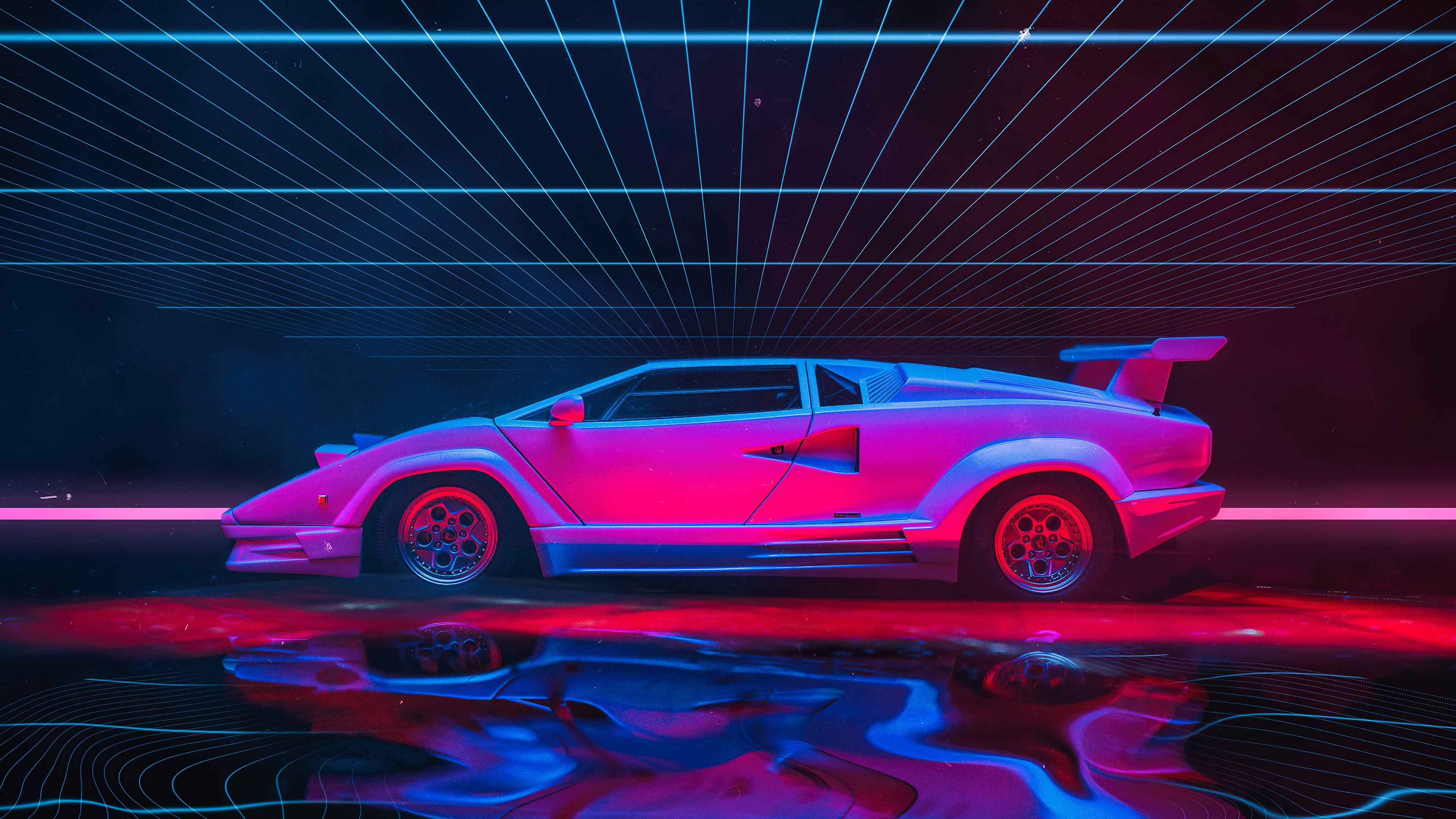 A vibrant, stylized illustration of a Lamborghini Countach in a retro-futuristic setting, reminiscent of 1980s computer graphics. The car is bathed in pink and blue neon light, against a backdrop of gridlines and a reflective surface