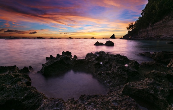 Boracay Philippines Ocean Boats Coast Rocks Sunset Wallpaper