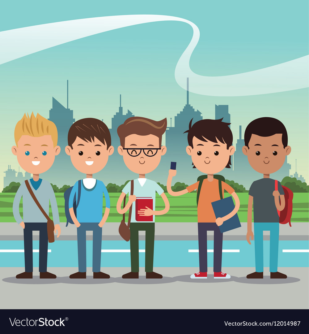 Group Students Boys Back School Urban Background Vector Image