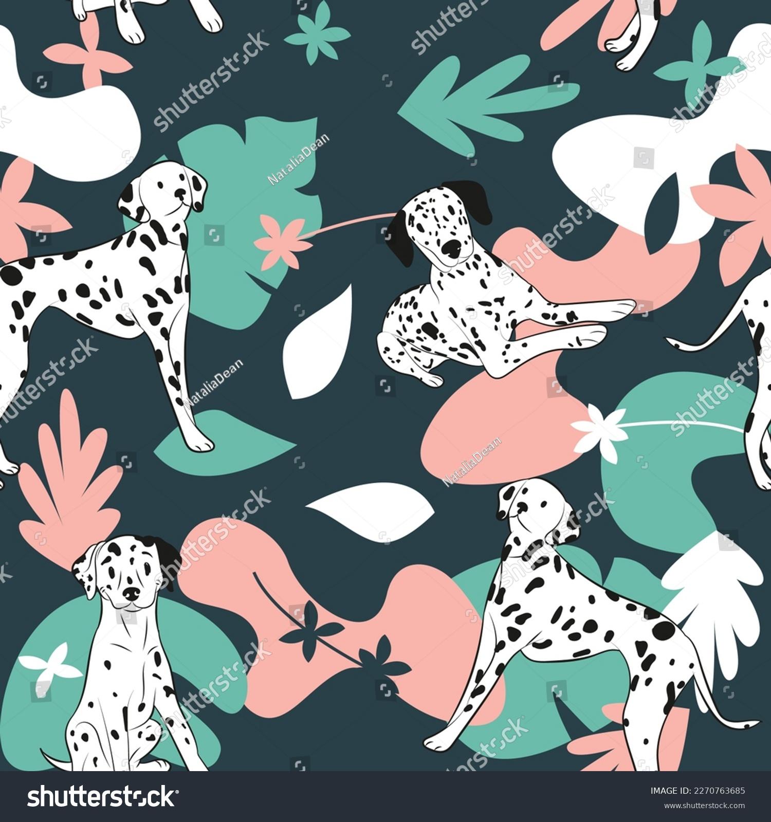 Dalmatian Dog Wallpaper Leaves Palms Flowers Stock Vector Royalty