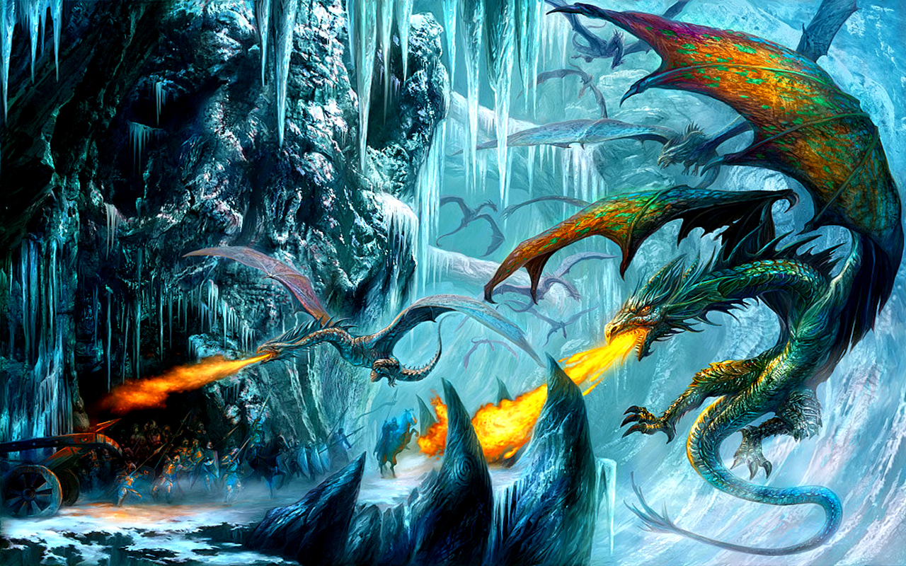A vibrant dragon, scales shimmering with emerald and gold, dominates an icy cavern, breathing fire amidst a flurry of smaller dragons and human warriors below