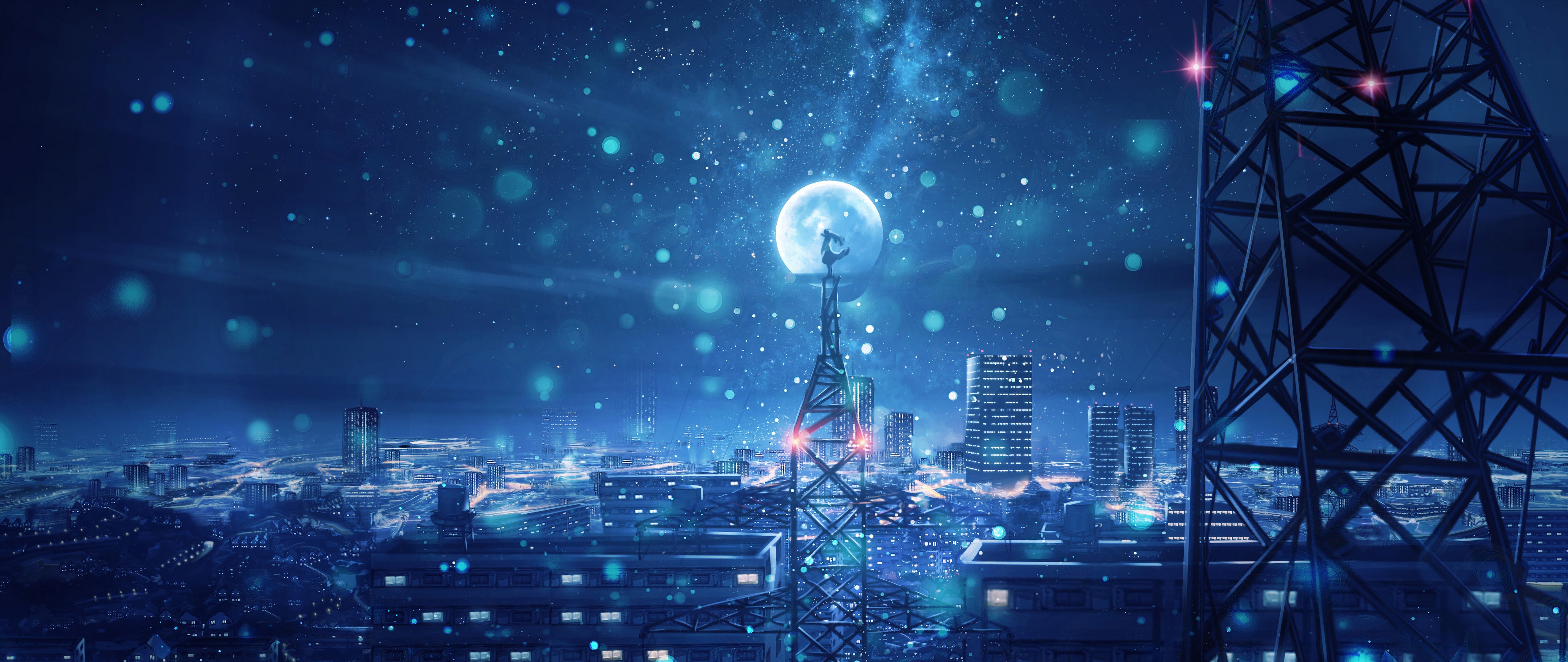 Night Sky City Stars Anime Scenery 4k Wallpaper