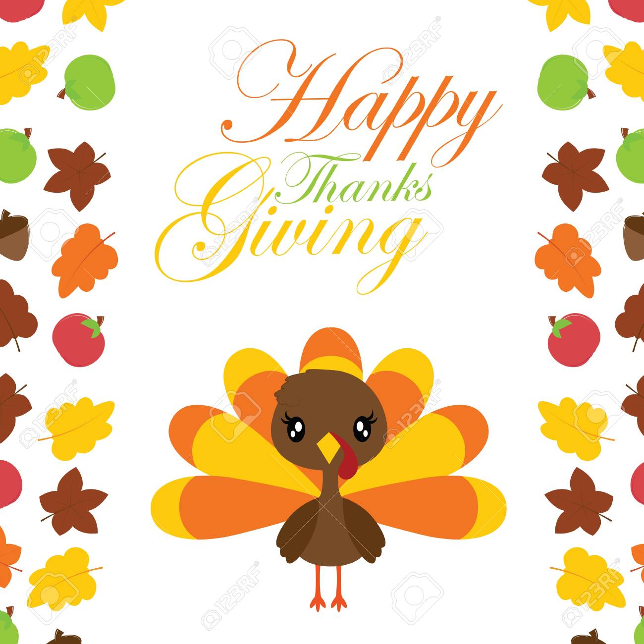 Cute Turkey Girl In The Middle Of Maples Leaves Border Vector