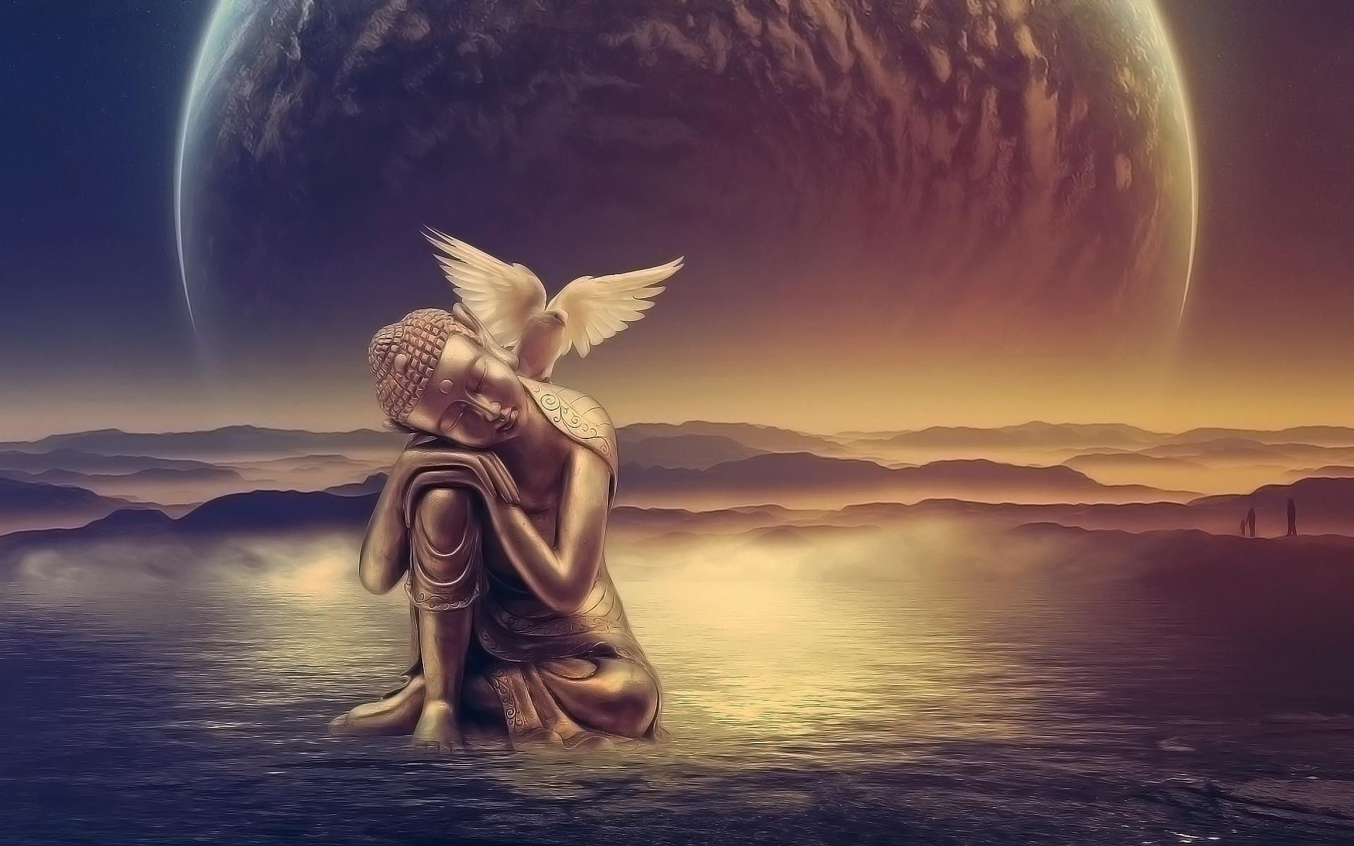 Serene Buddha statue with a dove on a mystical water landscape with a large planet in the background, ideal for Buddhist-themed wallpapers