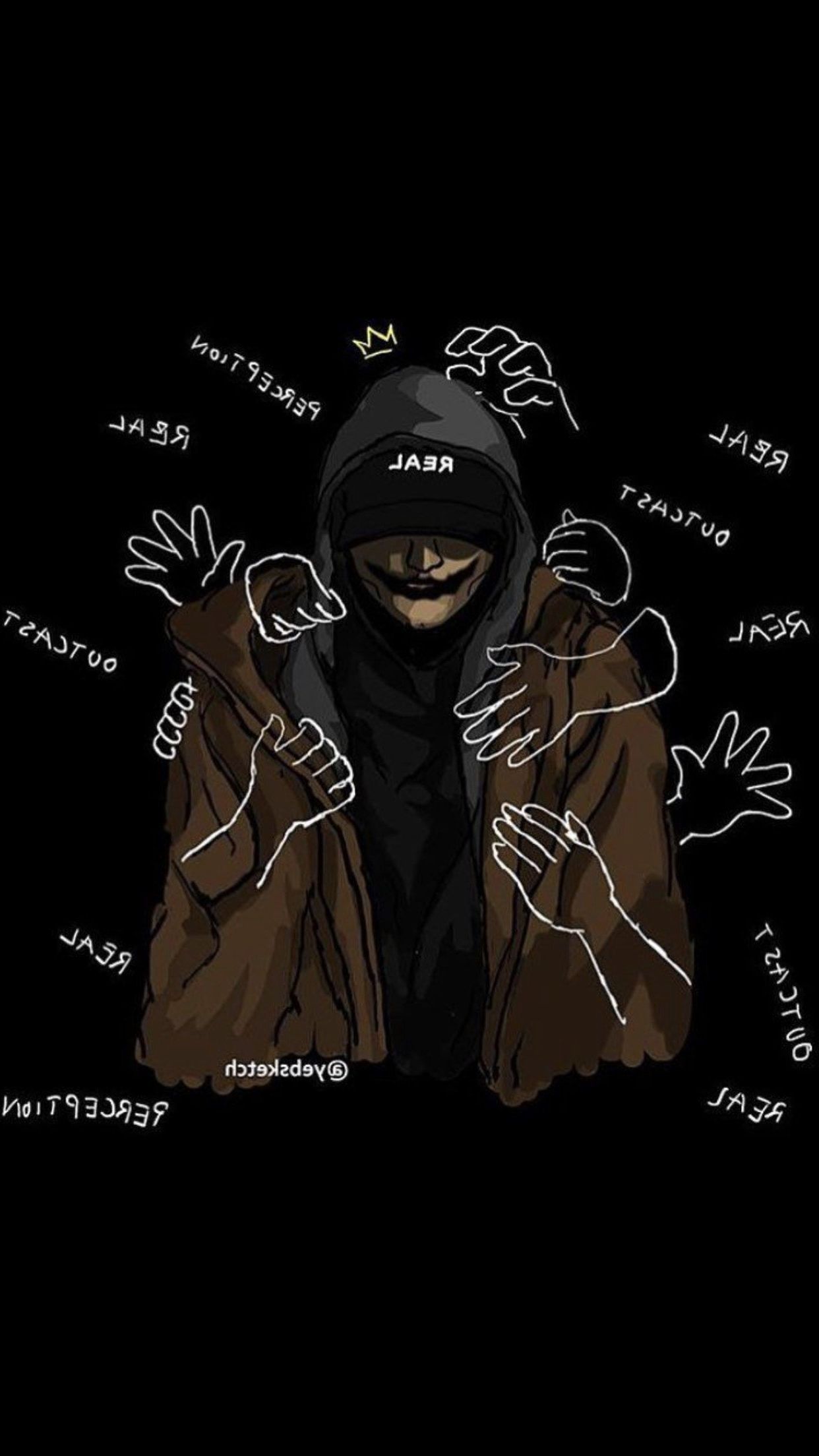 A stylized illustration of a person wearing a hooded jacket and a cap, against a black background. The person's face is partially obscured by the hood and cap. White outlines of hands surround the person, seemingly reaching towards them