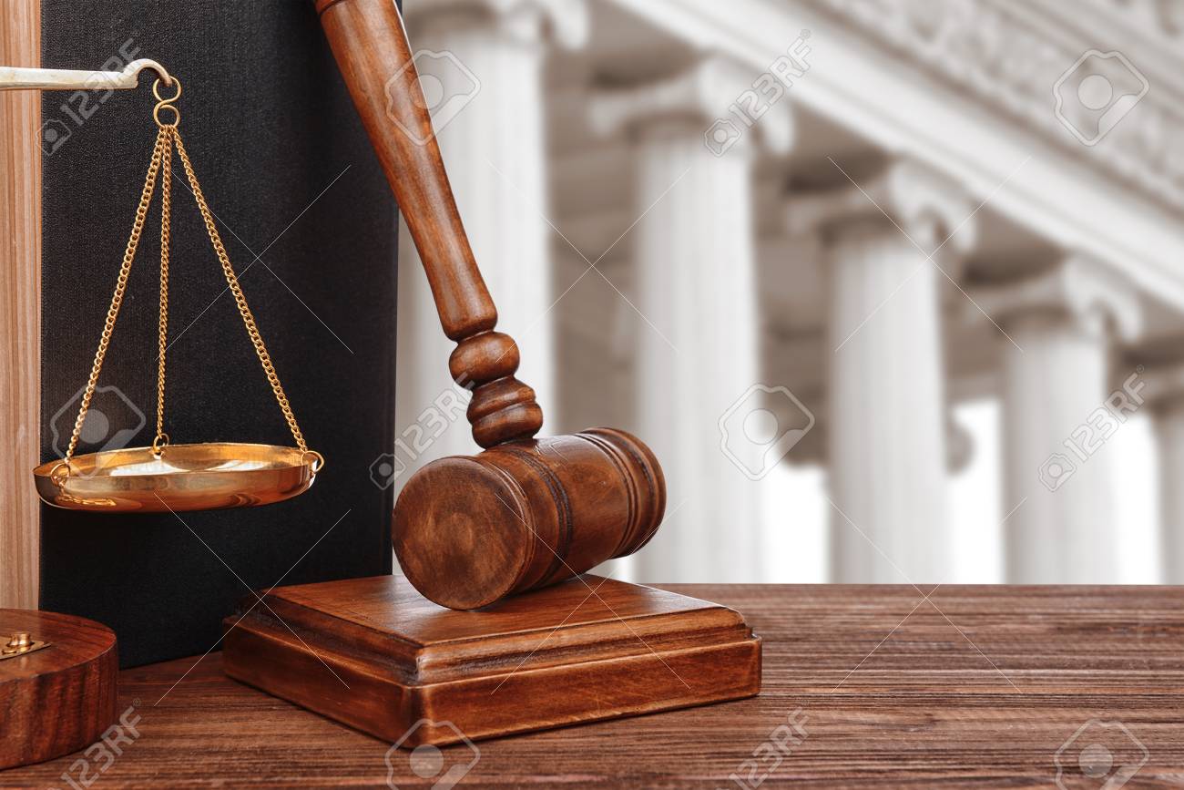 Judge S Gavel With Scales And Courthouse On Background Concept