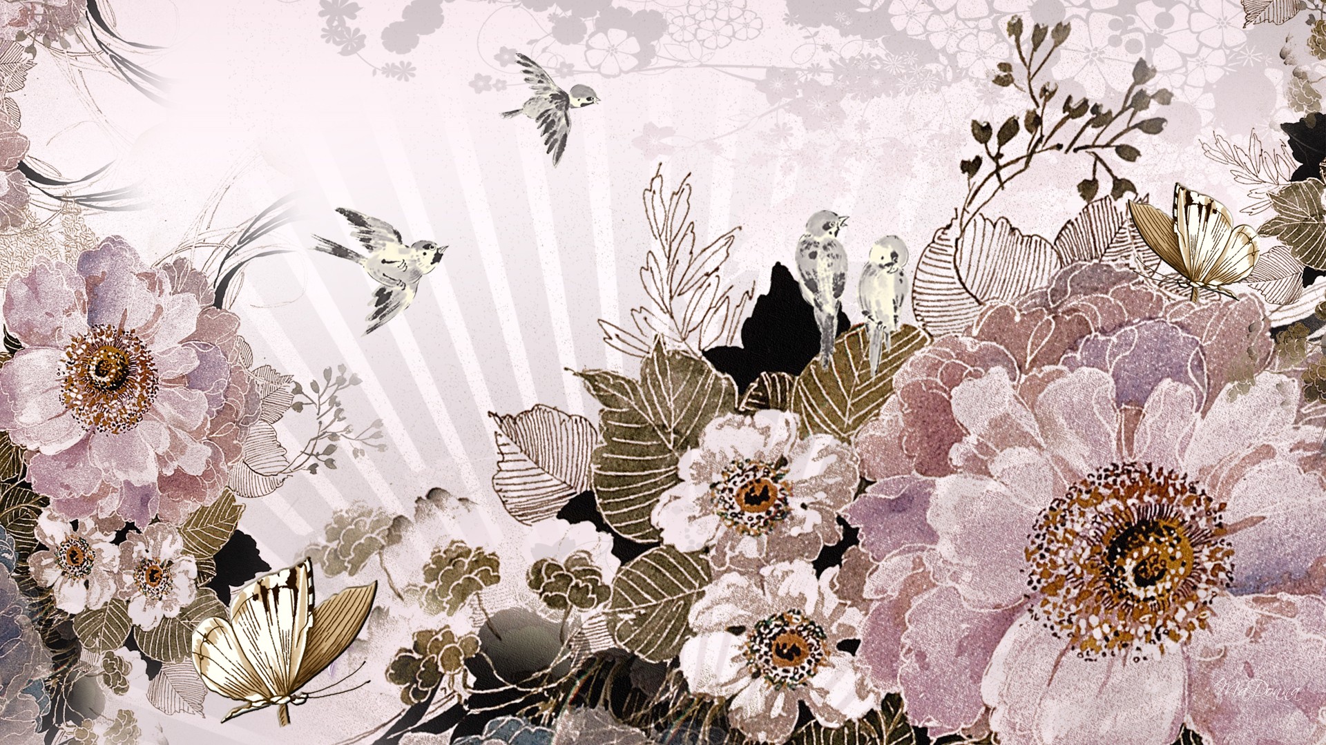 Birds Blossoms and Blooms wallpaper