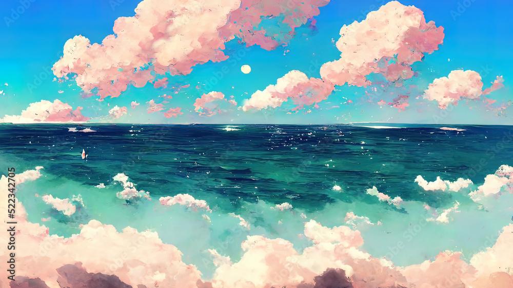 Ocean And Clouds Anime Manga Scenery 4k Drawing Of A Cloudscape