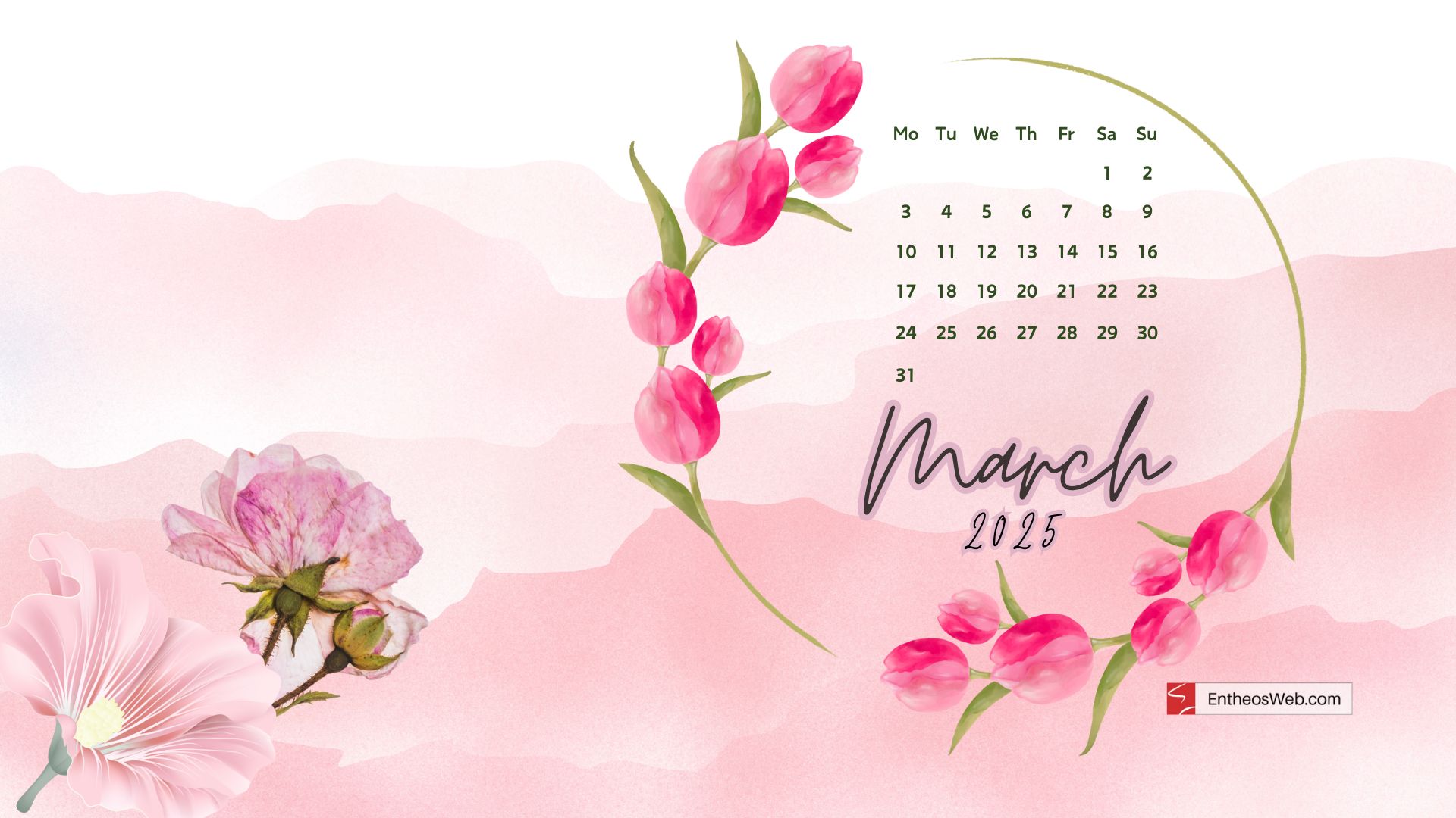 March 2025 Calendar Wallpaper with Pink Flowers