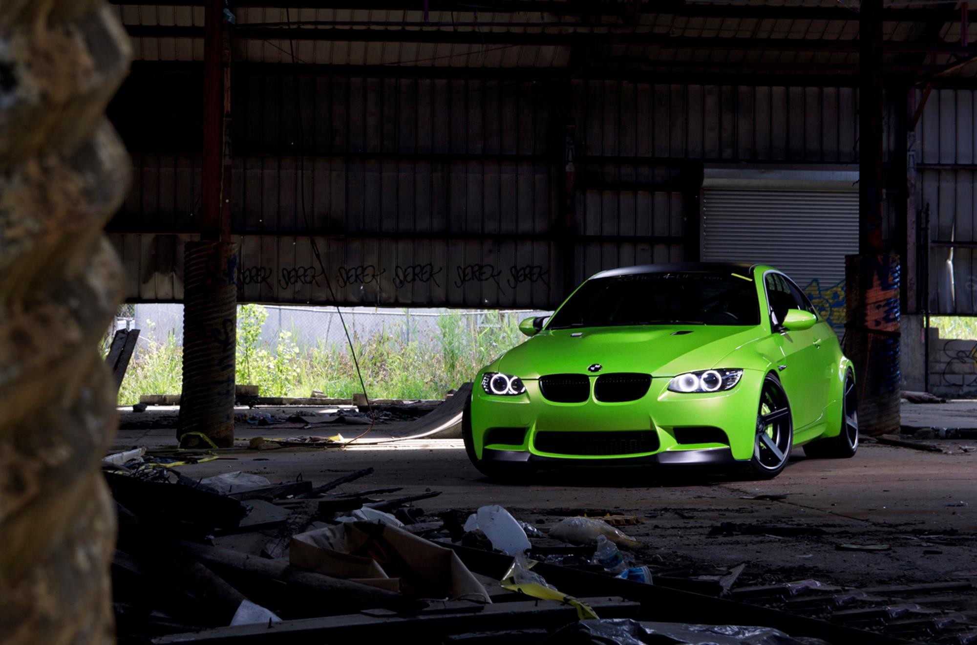 Bright Green Tuned BMW M3 in an Abandoned Warehouse