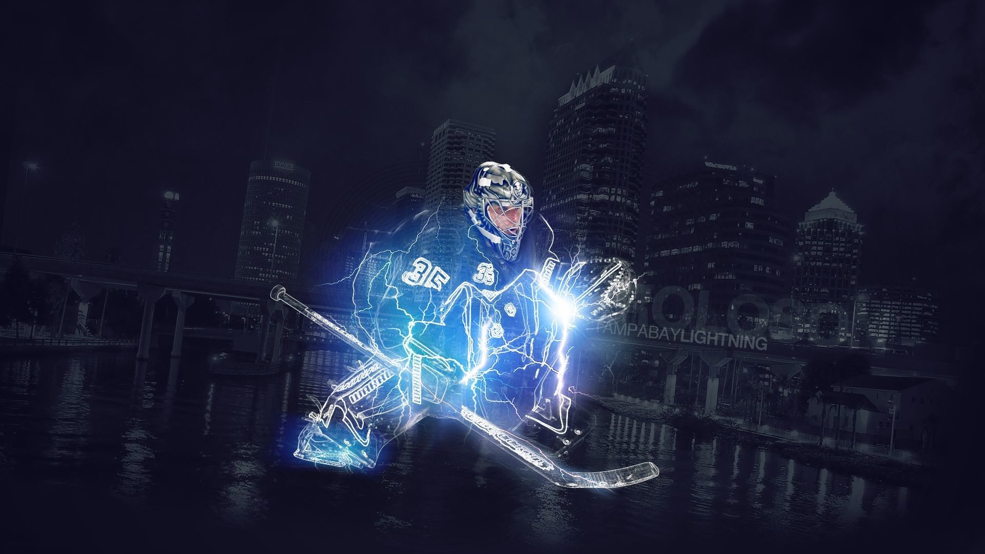 A dynamic action shot of a Tampa Bay Lightning hockey goalie making a save, superimposed with lightning effects against a backdrop of the Tampa city skyline at night