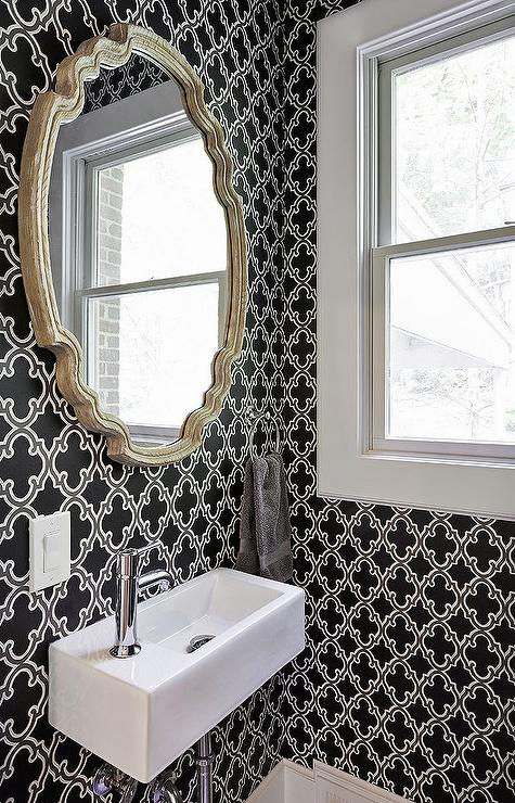 Room With Black And White Moroccan Wallpaper Contemporary Bathroom