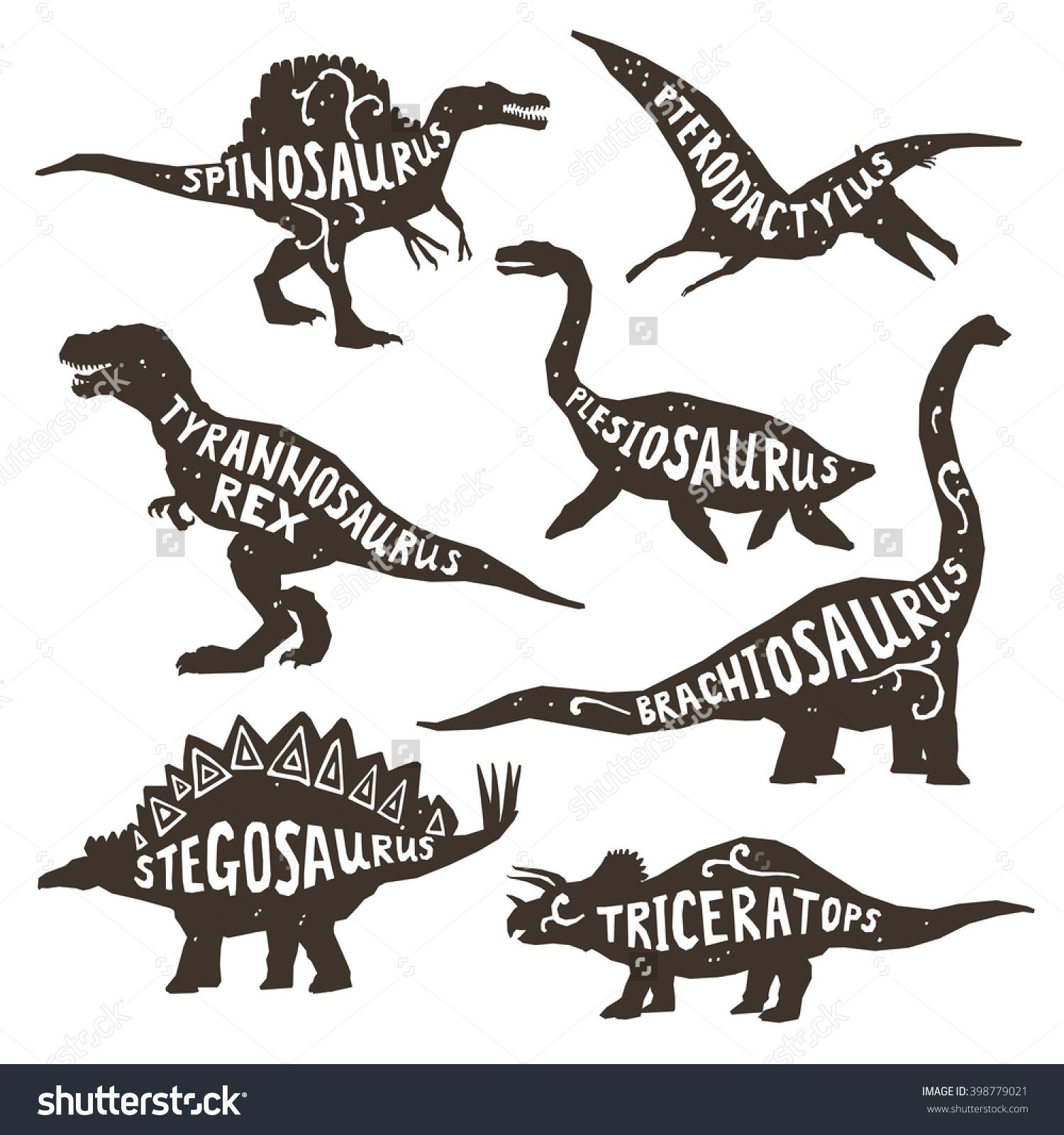 Dinosaurs Black Silhouettes Set With Lettering Pterodactyl
