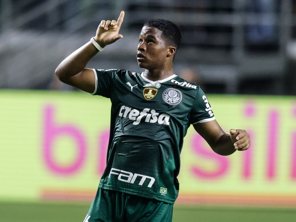 Endrick Felipe celebrates a goal for Palmeiras