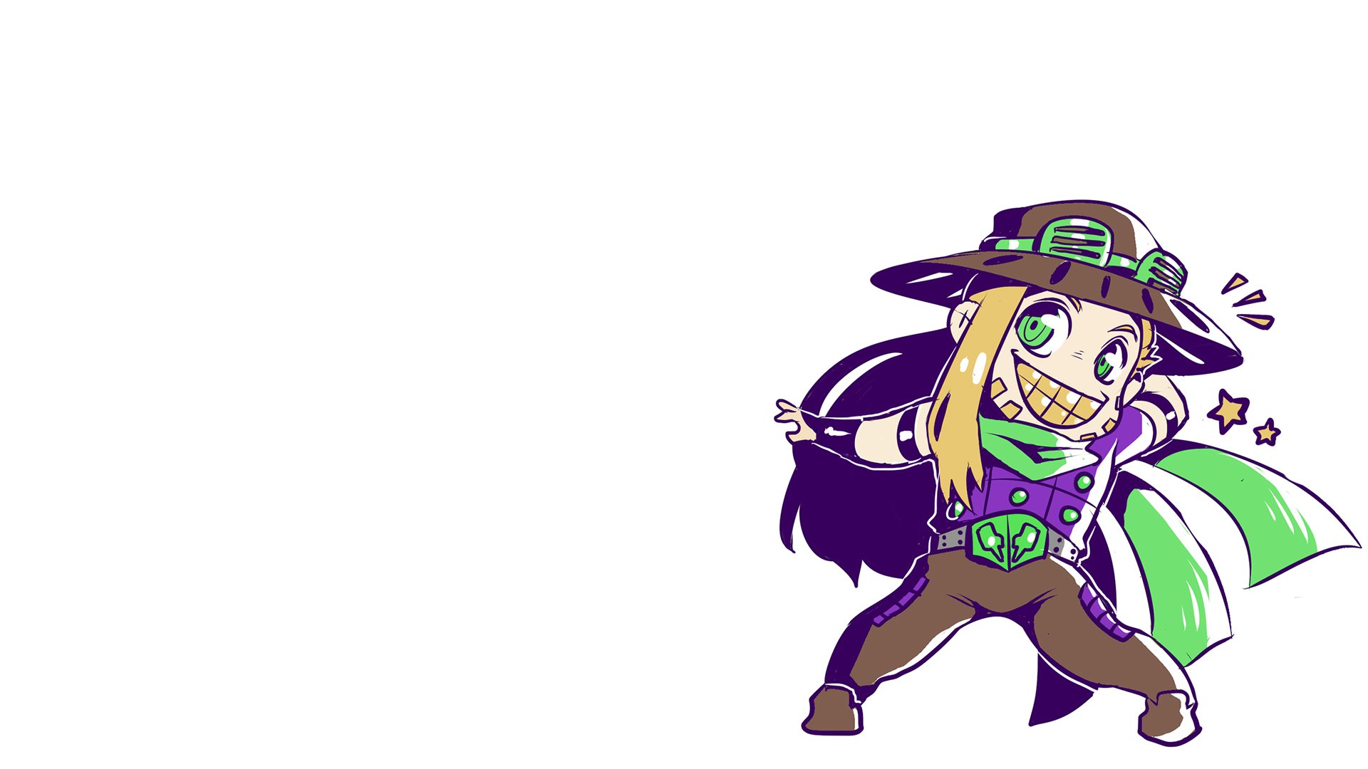 A chibi-style illustration of Gyro Zeppeli from JoJo's Bizarre Adventure, striking a dynamic pose with a wide grin and sparkling eyes. His signature hat and green scarf are prominently displayed, perfect for a phone wallpaper