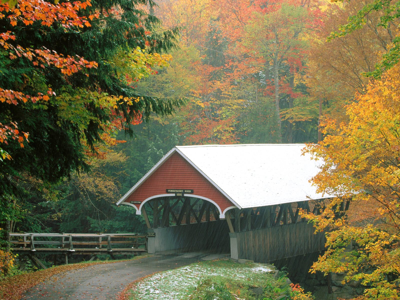 Flume Covered Bridge In Autumn Franconia Notch State Park New