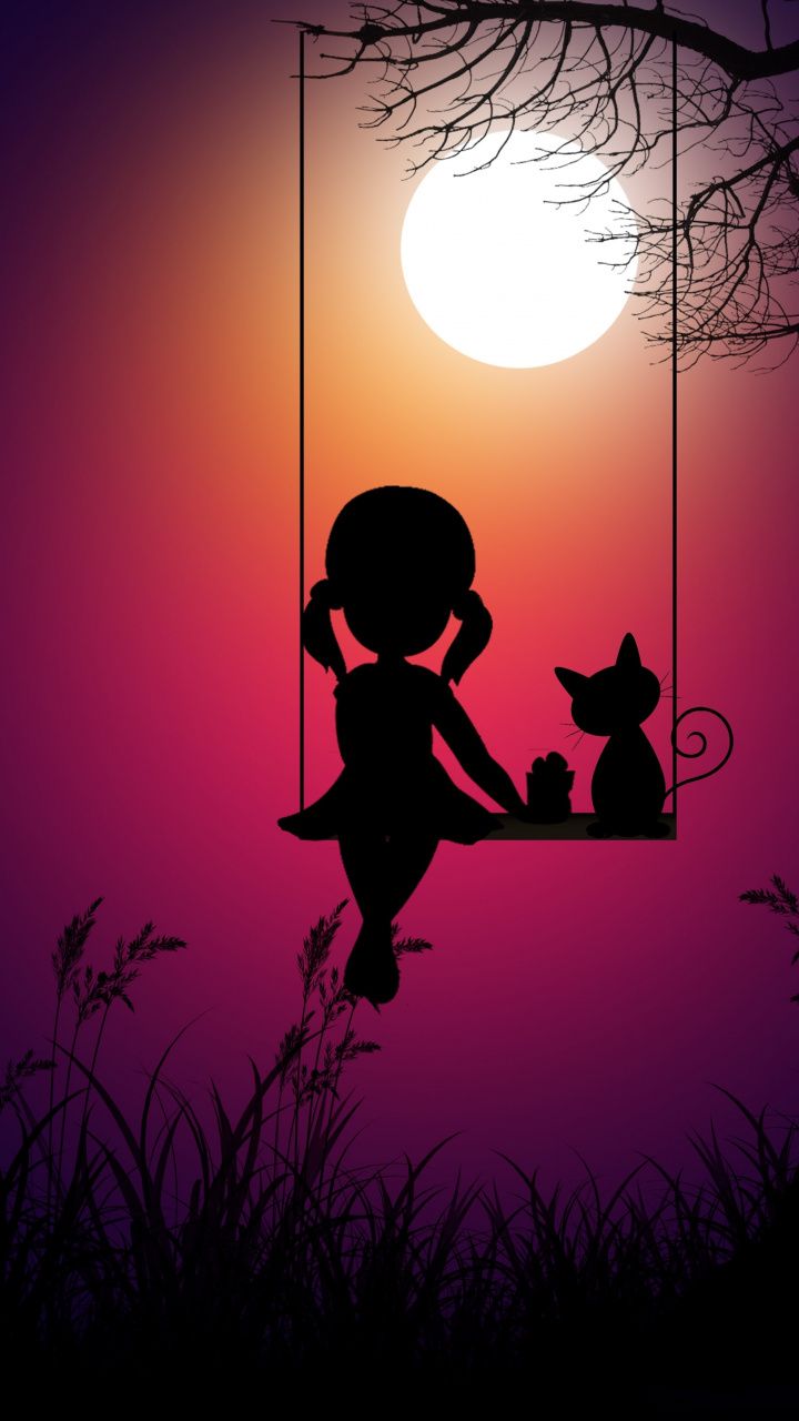 Kid Girl And Cat Swing Moon Light Digital Art