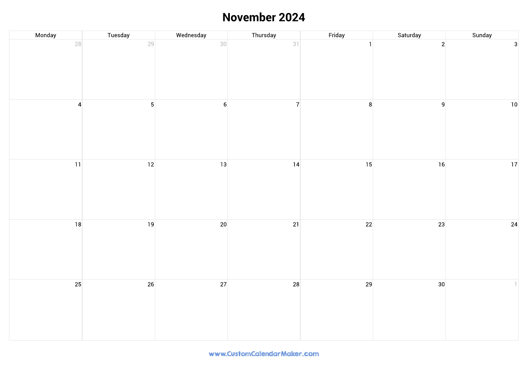 A blank November 2024 calendar template, perfect for customizing with personal events or notes. Download this free printable November calendar