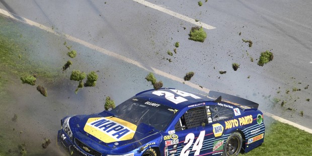 Chase Elliott Spins In The Grass Of Front Stretch During