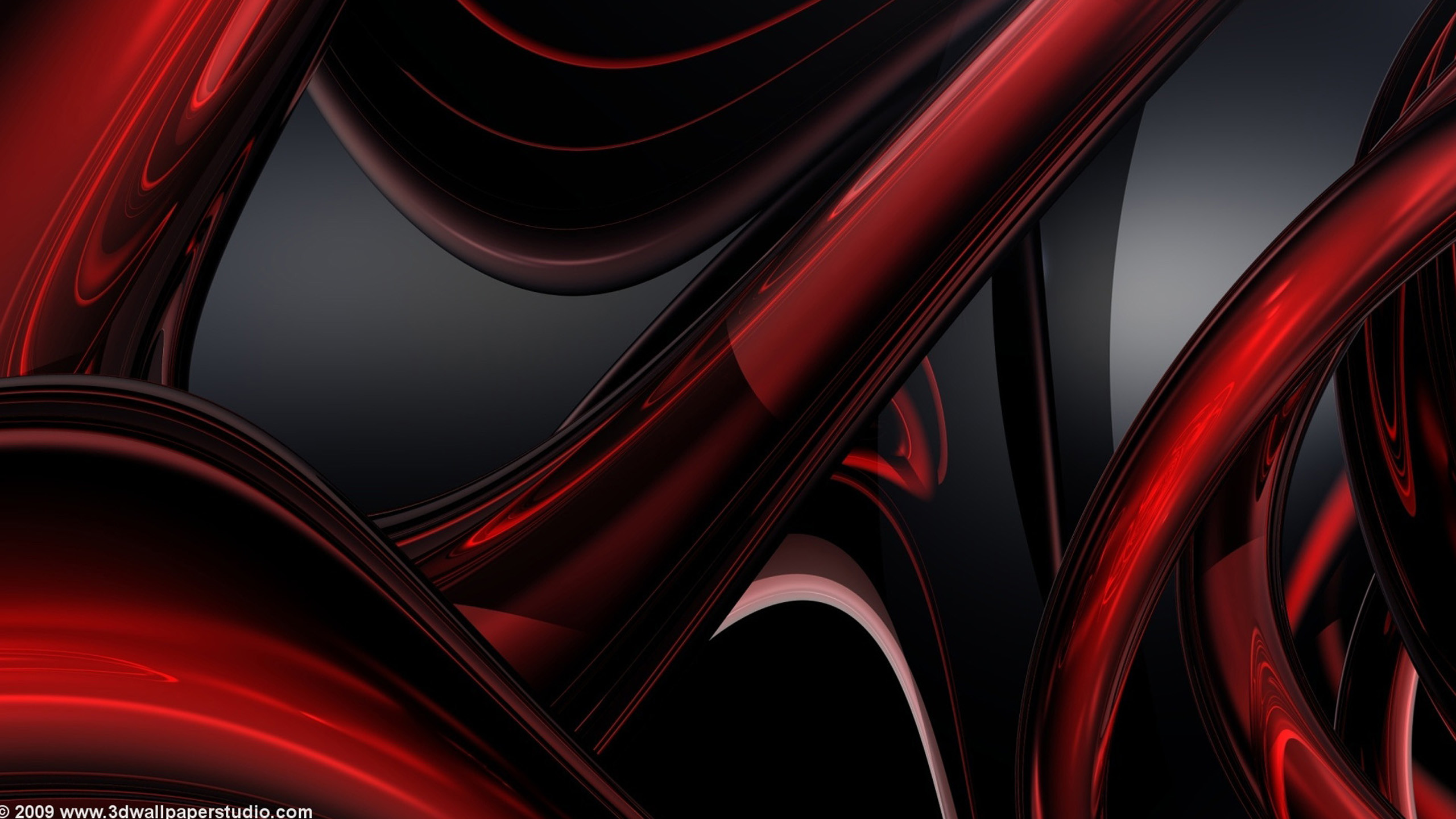 Sleek, intertwining crimson ribbons dance across a dark backdrop, creating a dynamic abstract composition