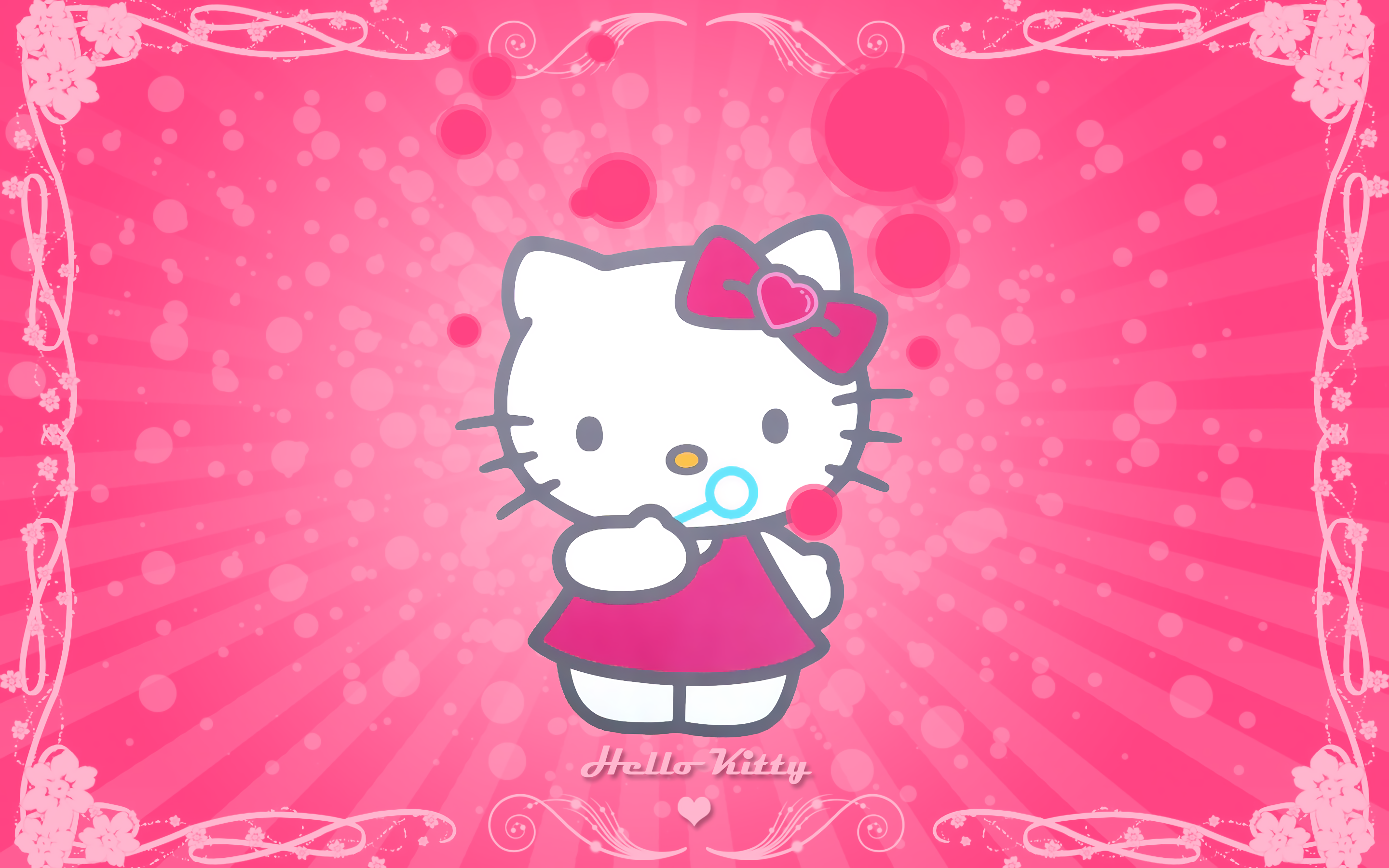 Hello Kitty Blowing Bubbles on a Pink Background