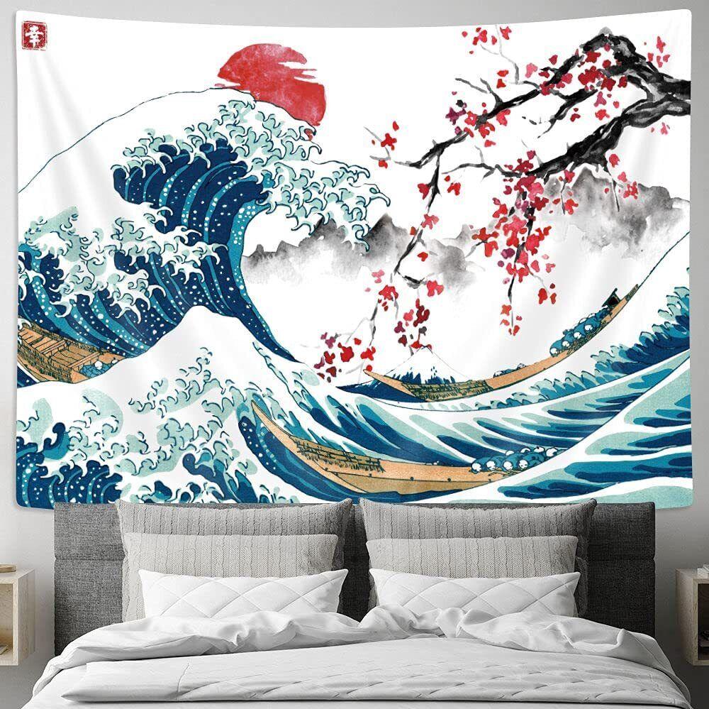 Mount Red Sun Cherry Blossom Ocean Tapestry Kanagawa Great Wave
