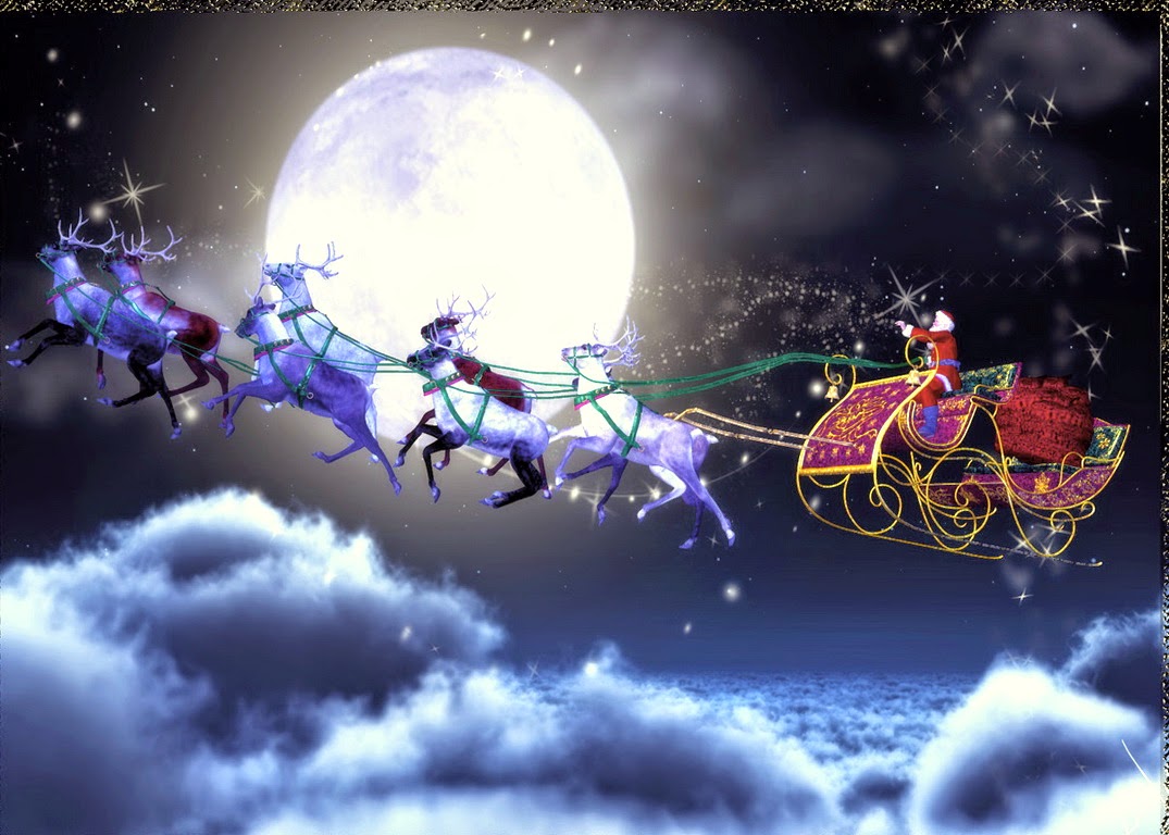 Santa Claus Sitting In His Sleigh Flying With Reindeer Stock Photo My