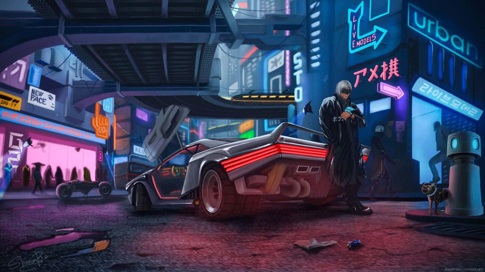 A Futuristic City With Car And Neon Lights Wallpaper
