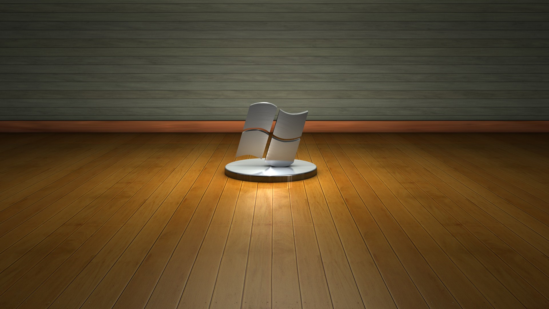 A 3D Windows logo sits on a round platform in a room with wood-paneled walls and a hardwood floor