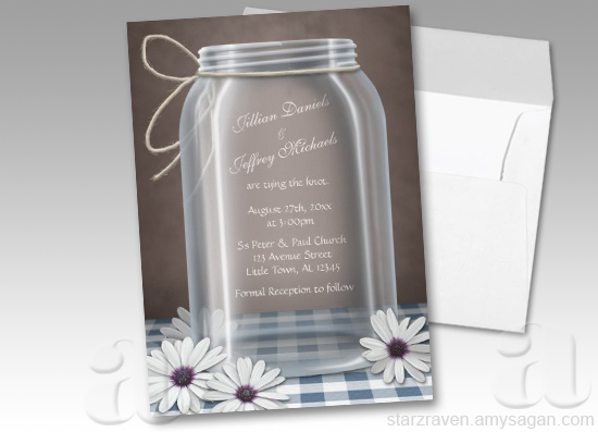 Country Mason Jar Daisy Blue Gingham Brown Wedding Invitations