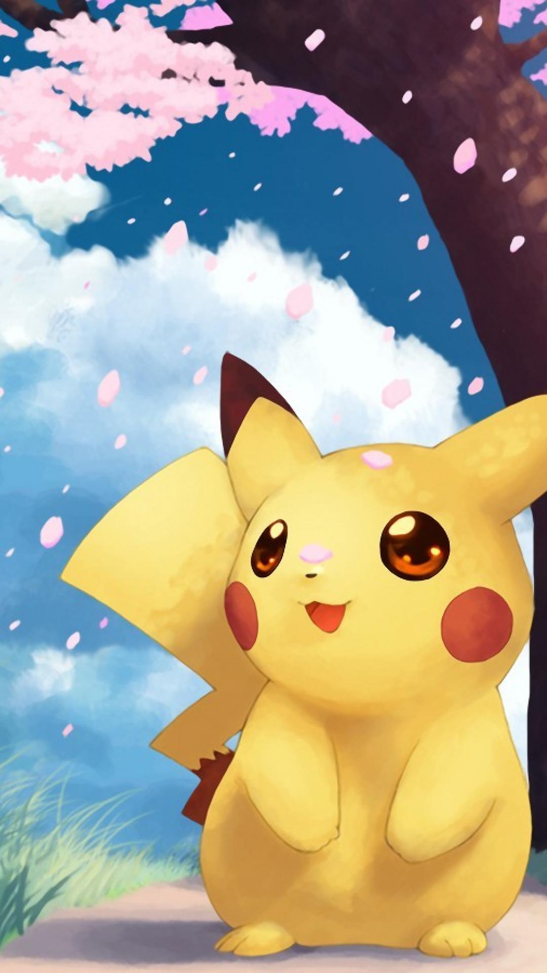 Cute Pikachu Under Cherry Blossom Tree: A Pokemon Pixel Phone Wallpaper