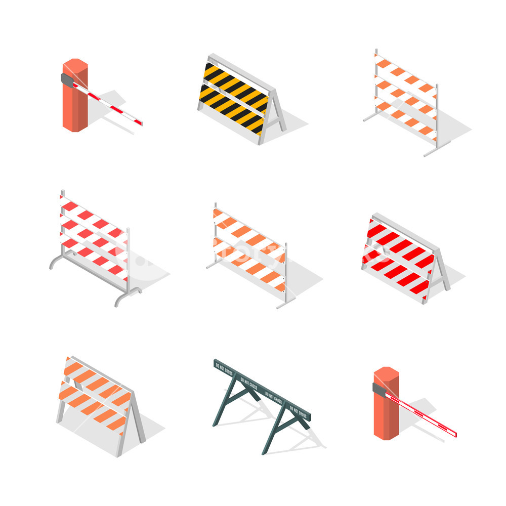 Set Of Different Road Traffic Barriers Isolated On A White