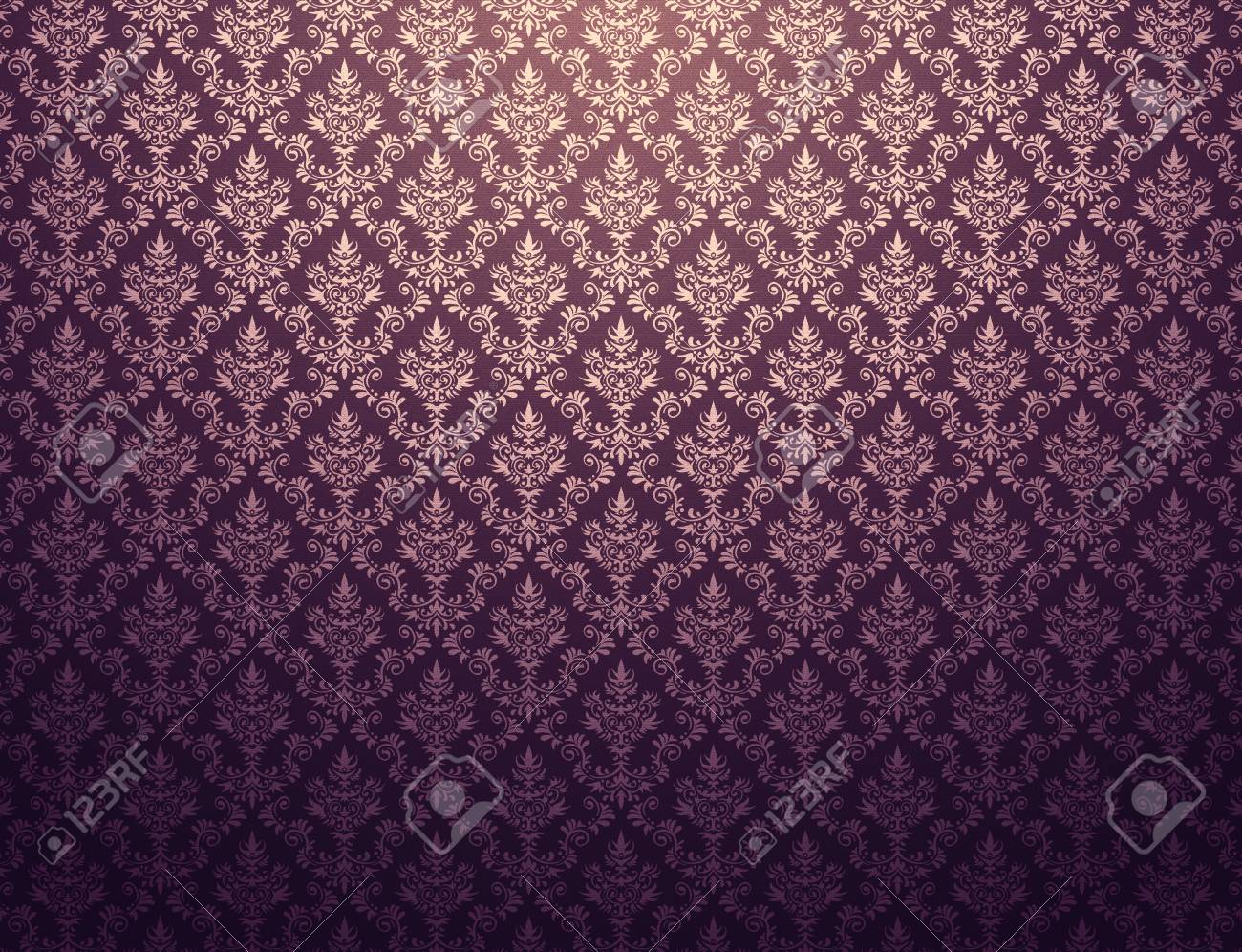 Purple Damask Wallpaper With Gold Floral Patterns Stock Photo
