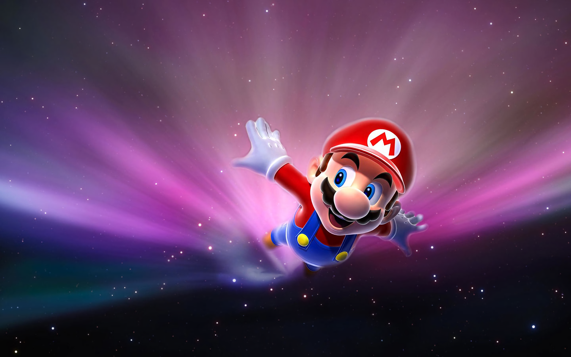 Super Mario Galaxy Wallpaper: Mario soaring through a colorful nebula
