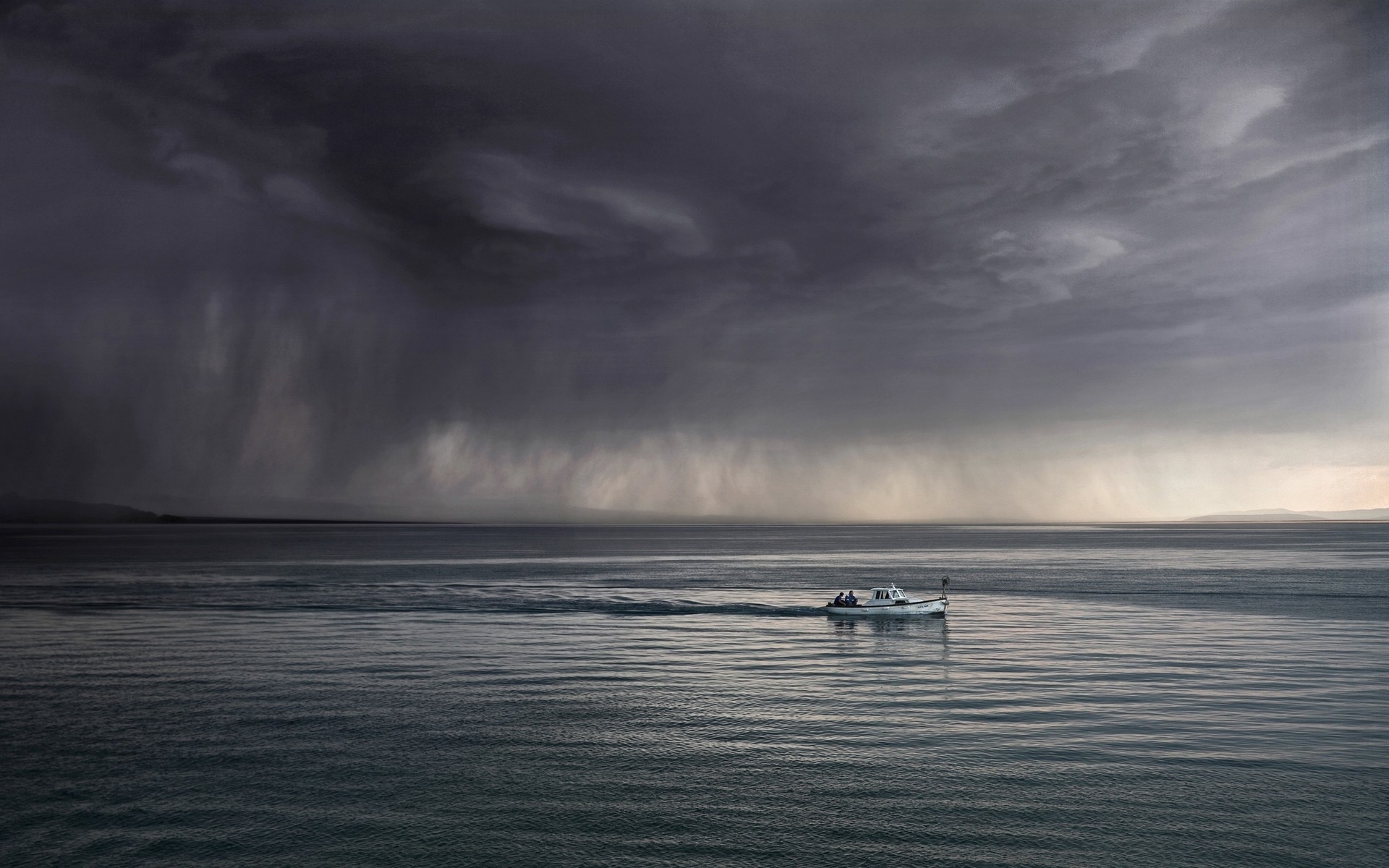 nature Landscape Sea Storm Boat Clouds Dark Rain Mist