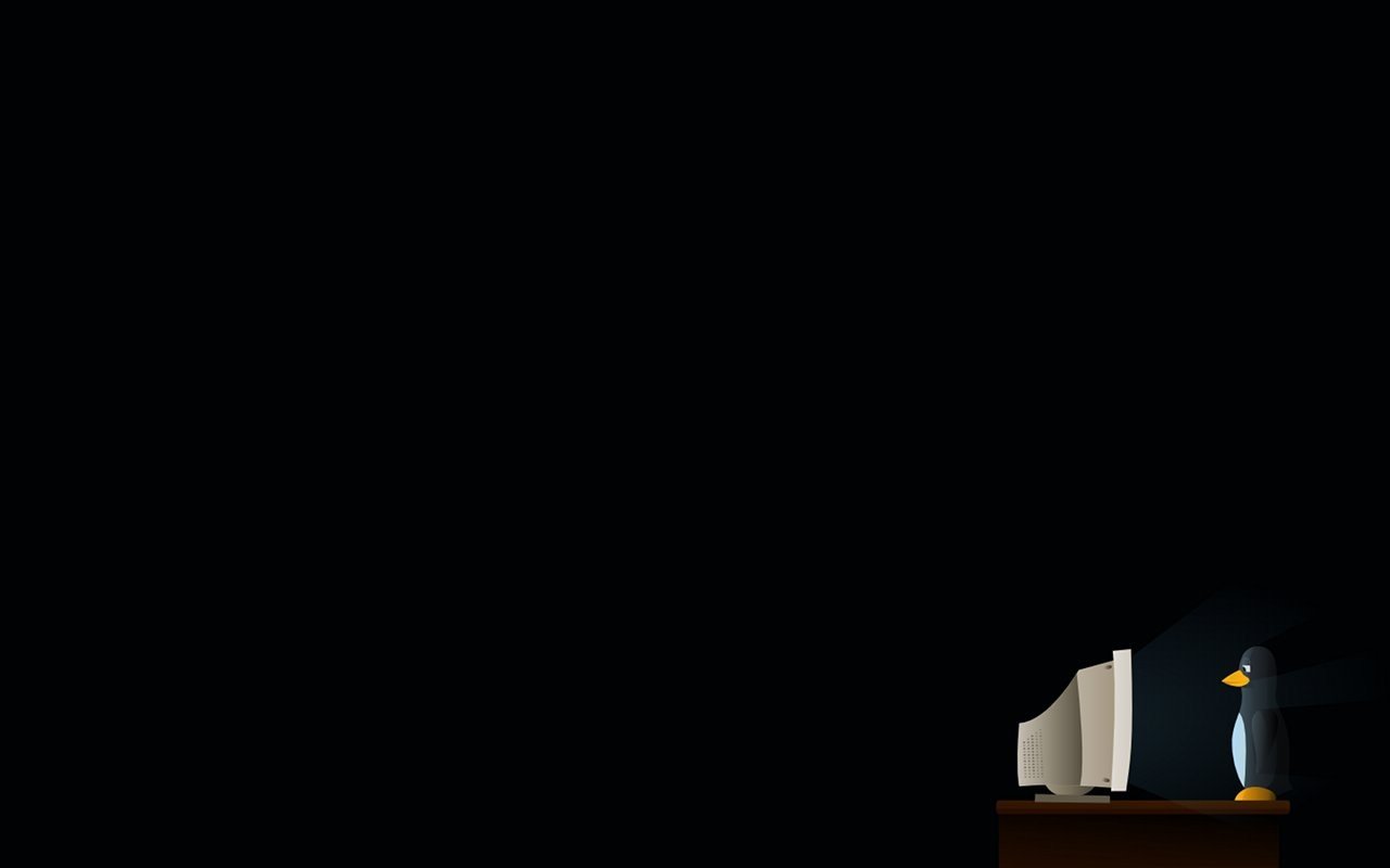 Minimalist wallpaper featuring a penguin looking at a vintage computer monitor in a dark room