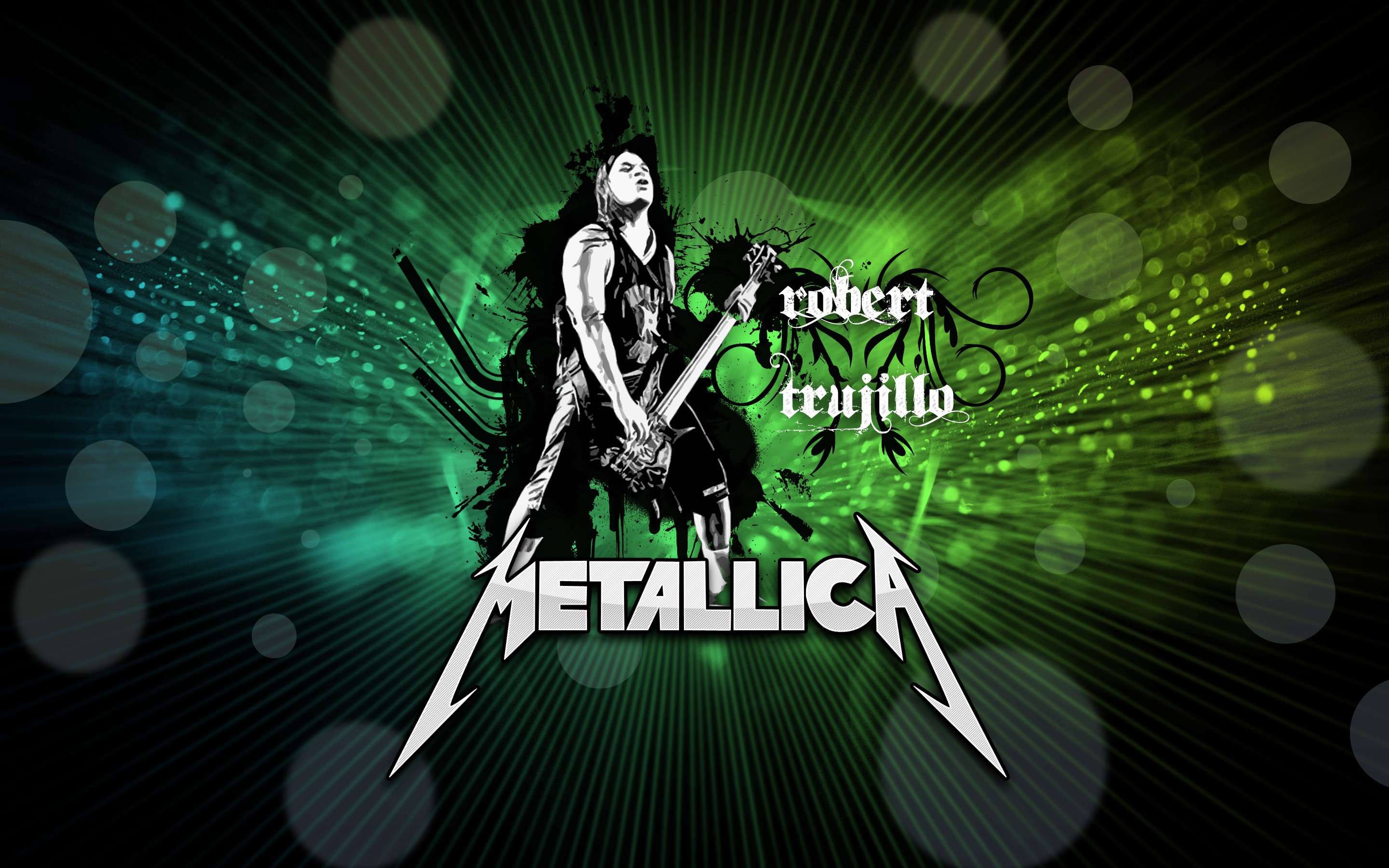 Robert Trujillo of Metallica playing bass guitar on stage with a green and black background