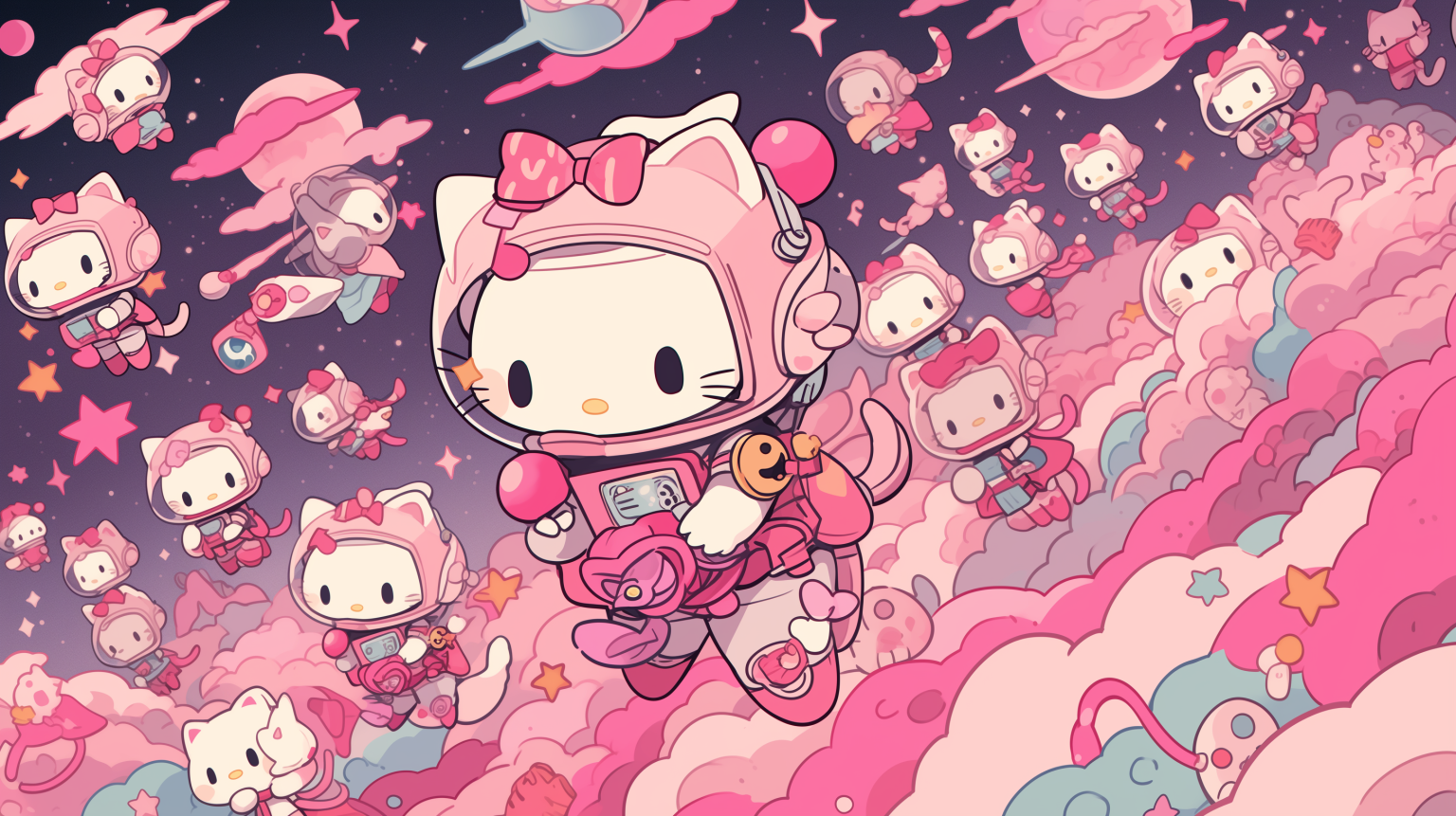 Hello Kitty in a pink spacesuit floats among pink clouds and stars in this whimsical 4k wallpaper