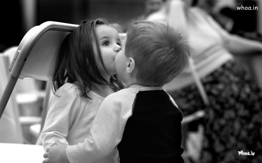 Little Boy Kiss To Child Girl Black And White HD Baby