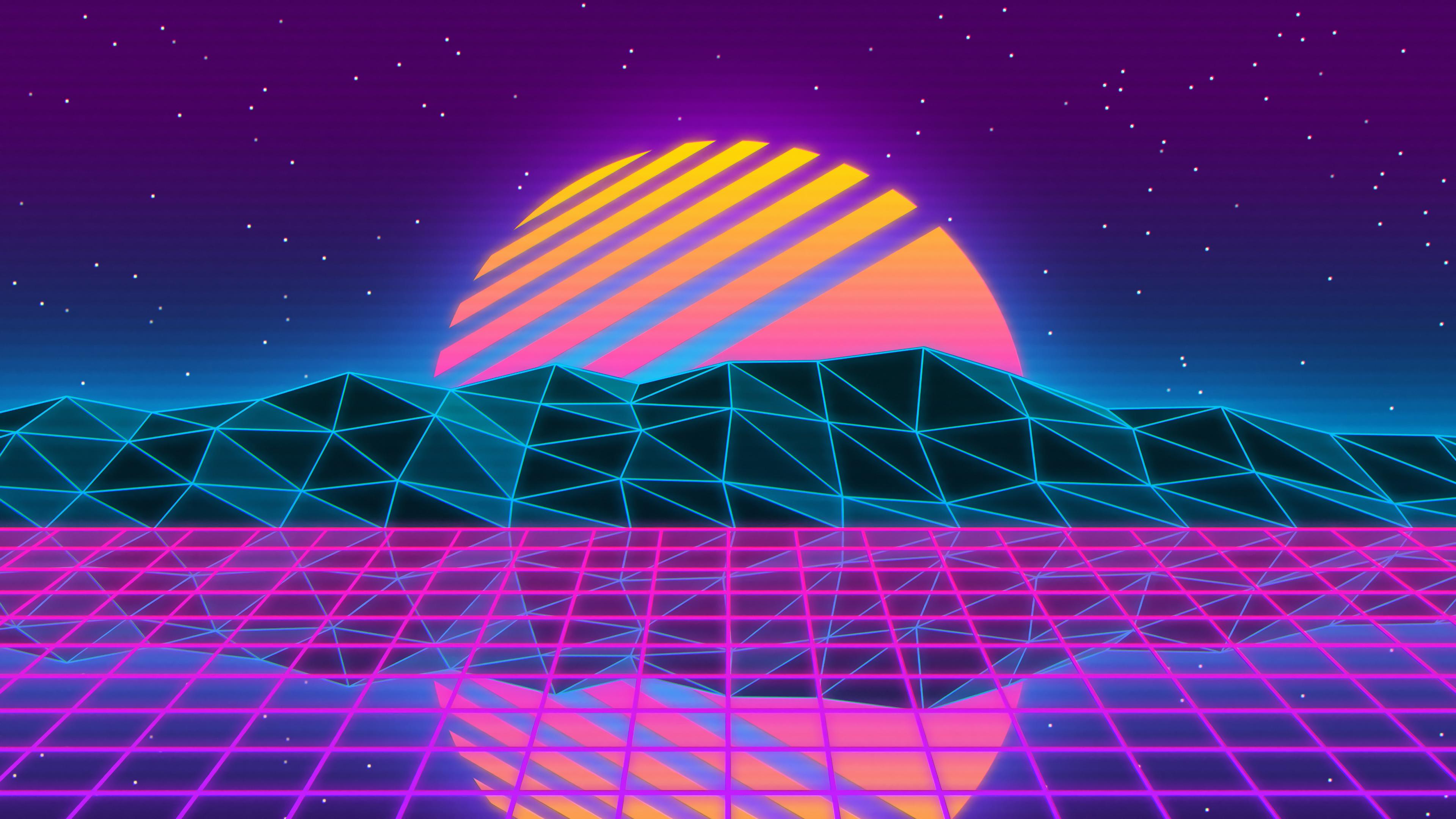 Neon Sunset Synthwave Abstract Digital Art 4k Wallpaper