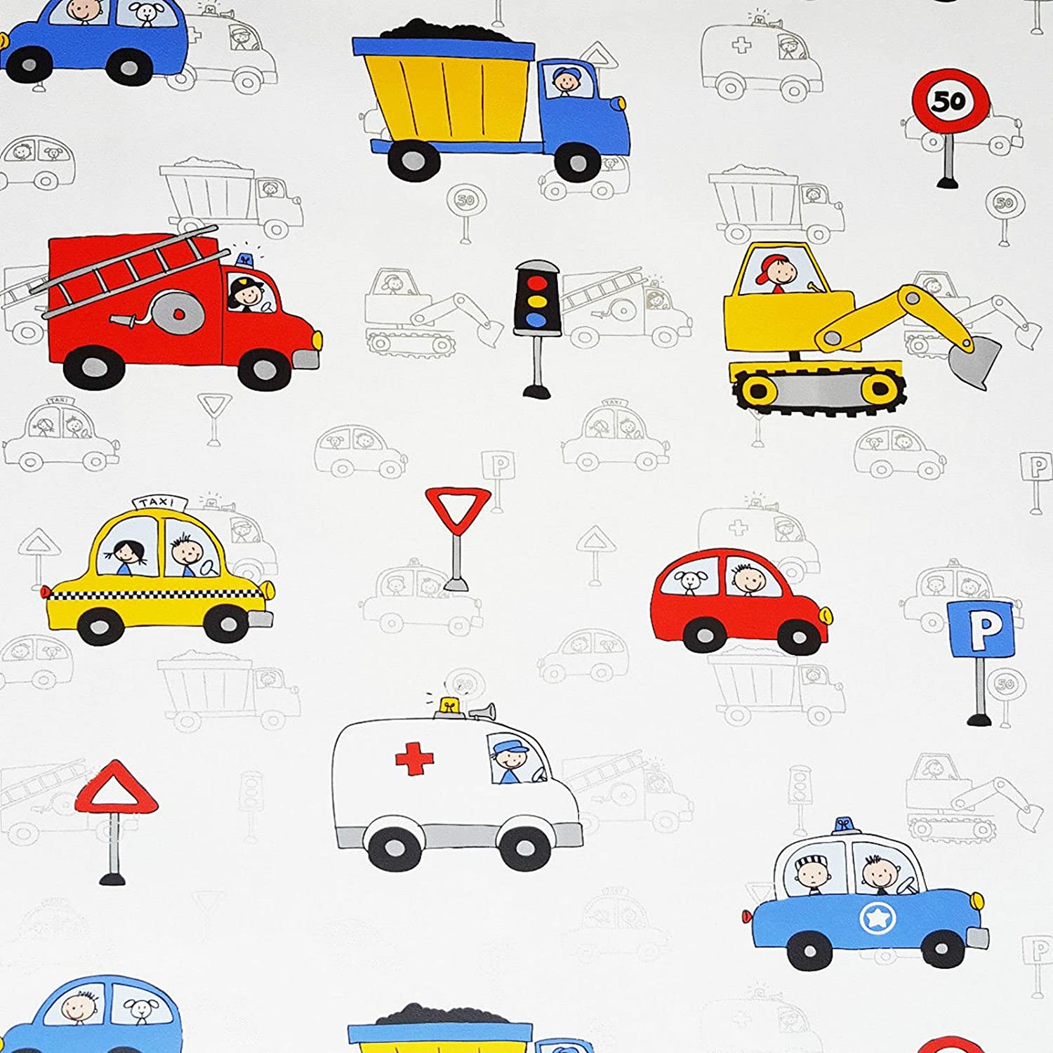 Kids Wallpaper Cars Fire Engine Police Taxi Truck Digger White