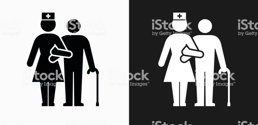 Patient With Female Nurse Icon On Black And White Vector