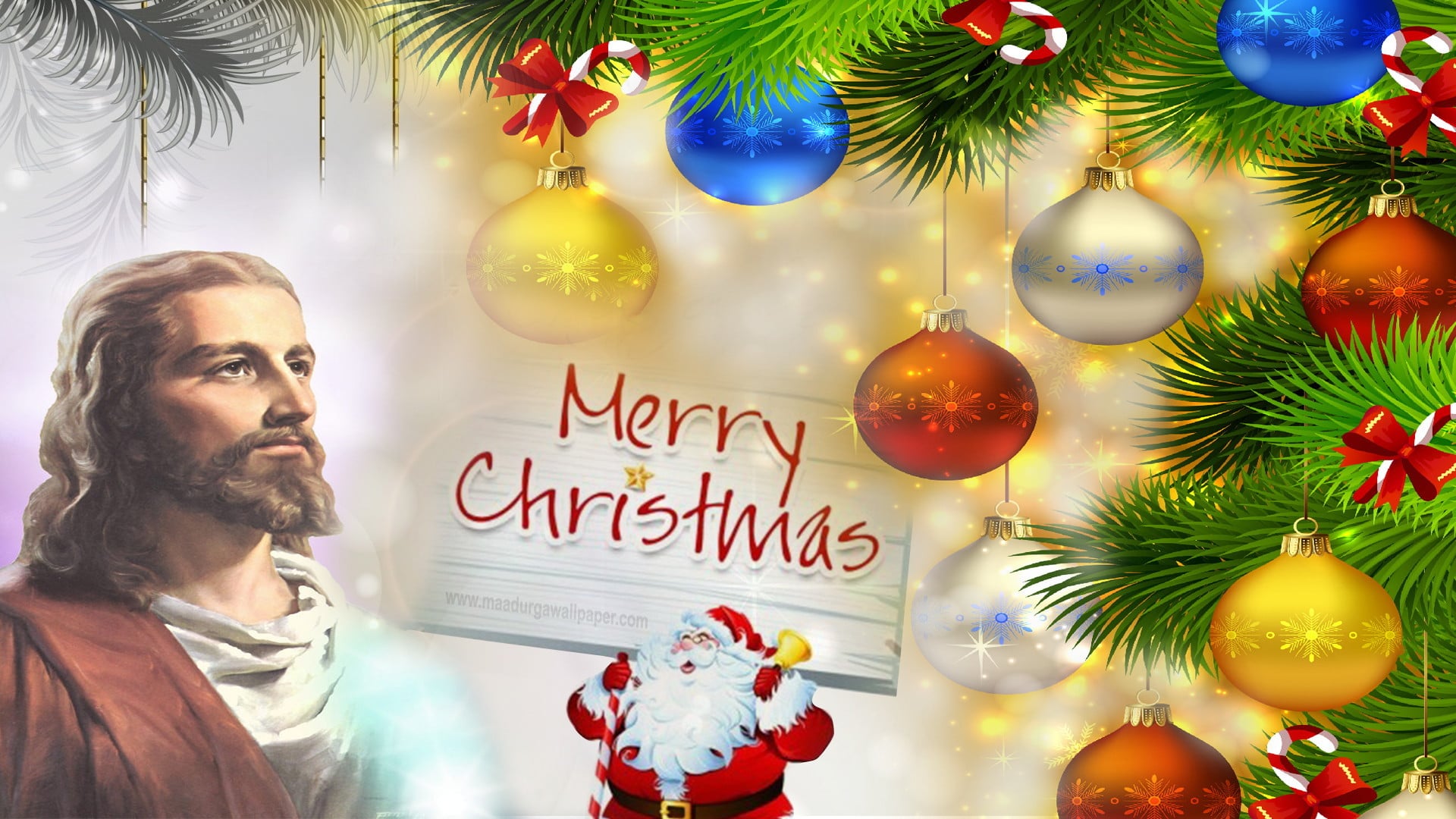 A Christmas image featuring Jesus Christ alongside Santa Claus and Christmas ornaments, merging religious and festive themes