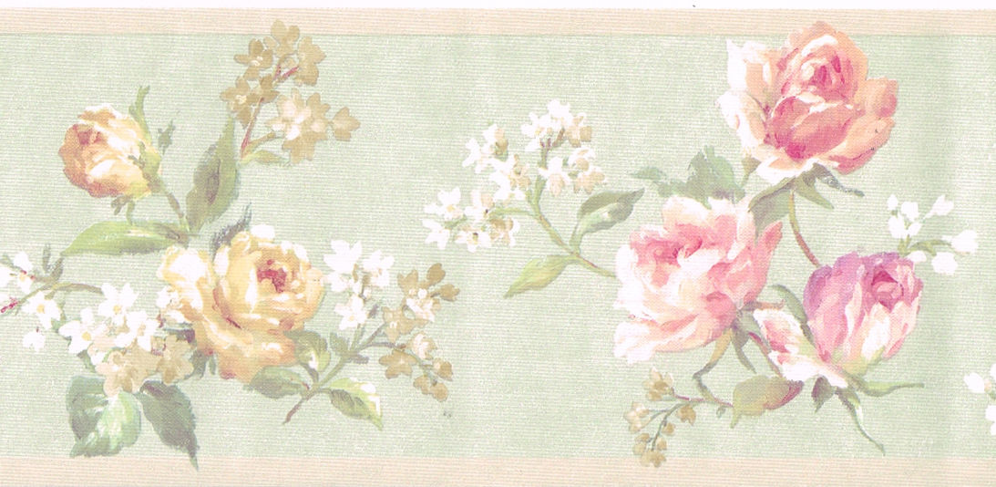 Victorian Pink Cream Rose Floral Flower Light Green Silk Satin Wall
