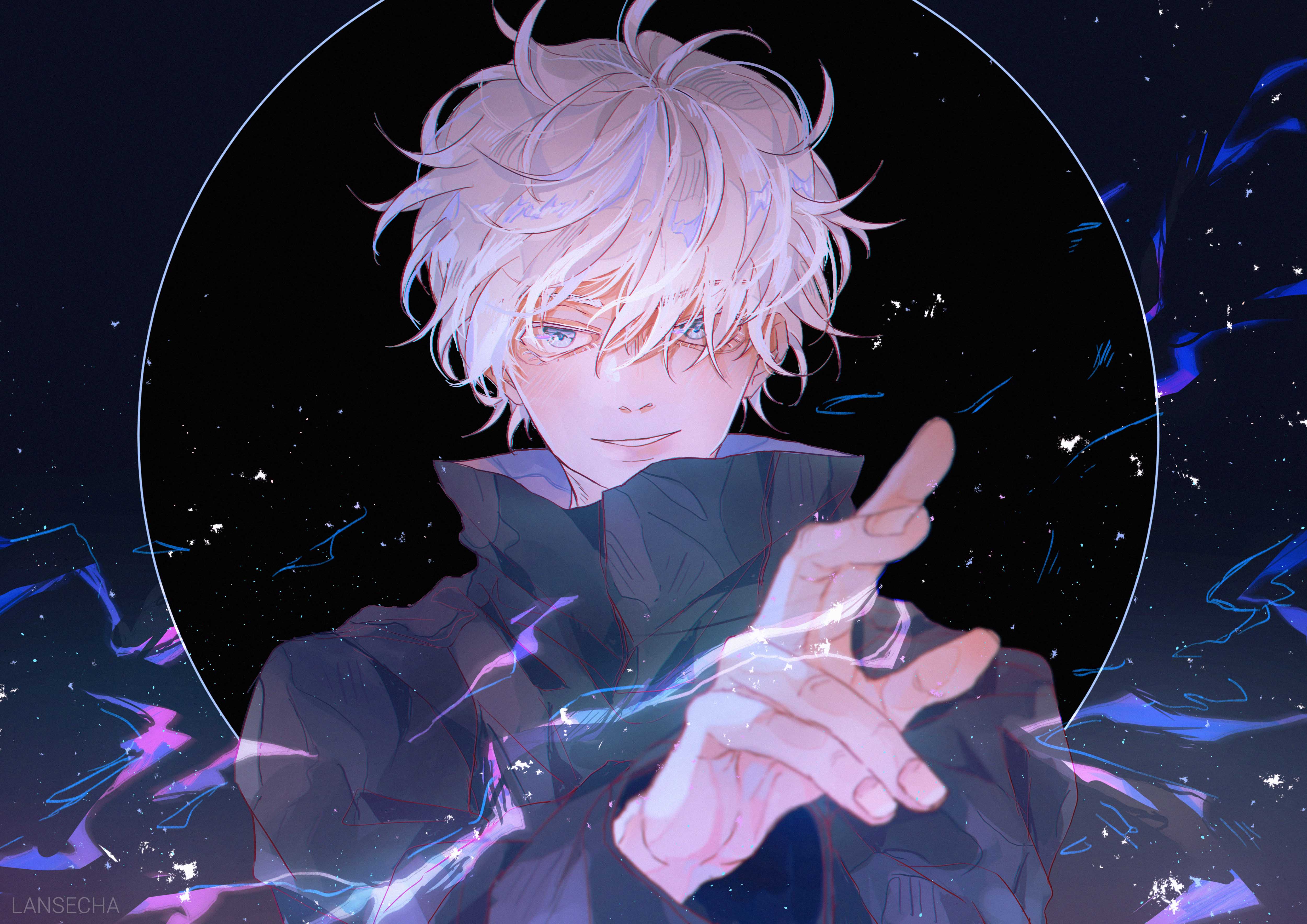 Anime-style illustration of a young man with white hair and blue eyes against a dark, starry backdrop