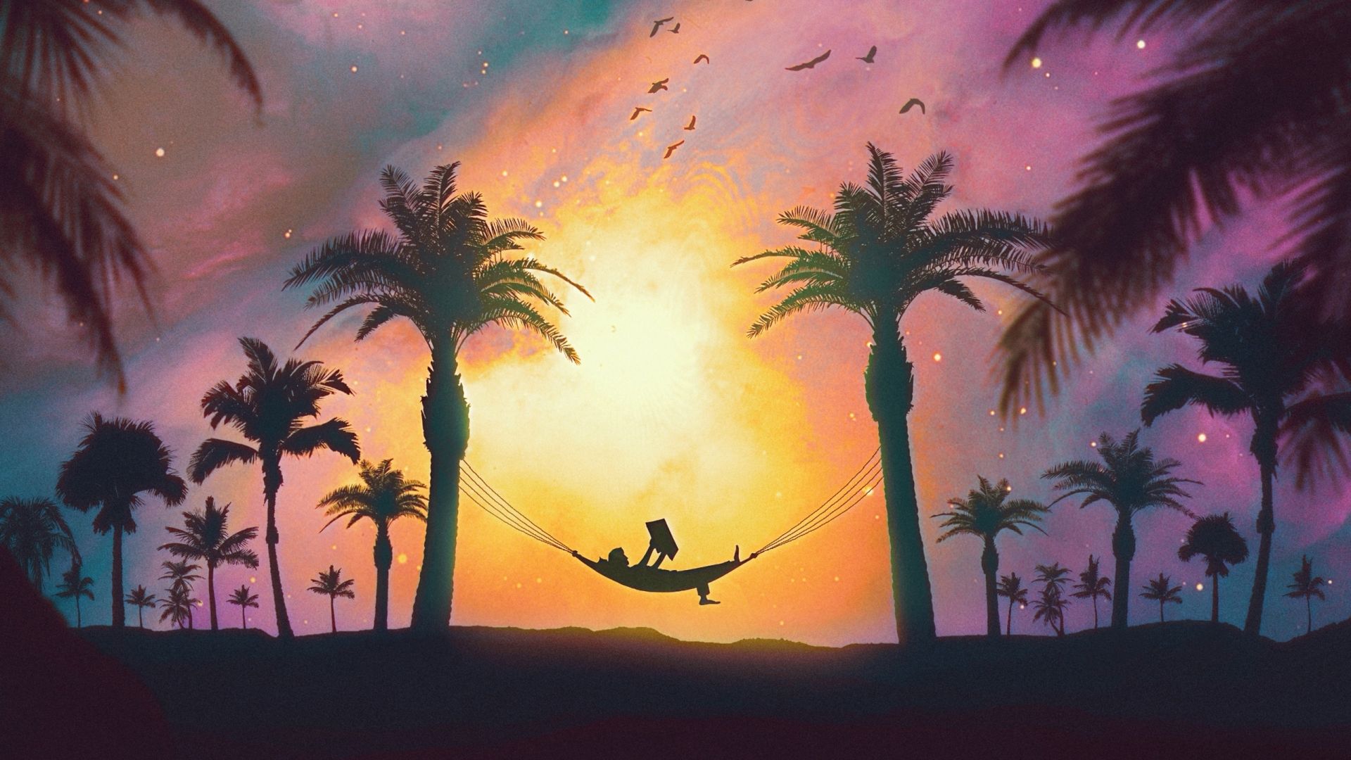 Relaxing Silhouette Sunset Art Wallpaper HD Image Picture