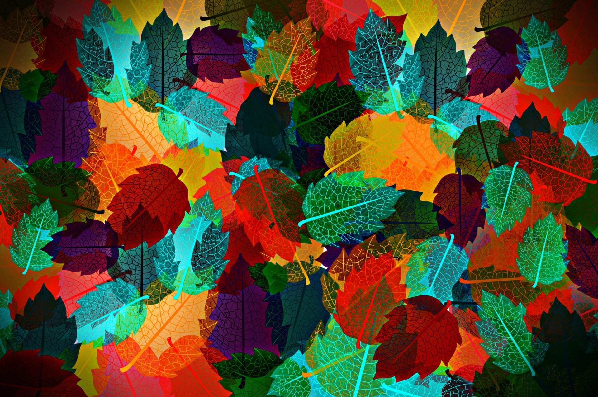 Vibrant assortment of colorful fall leaves in orange, red, purple, teal, green with detailed vein patterns